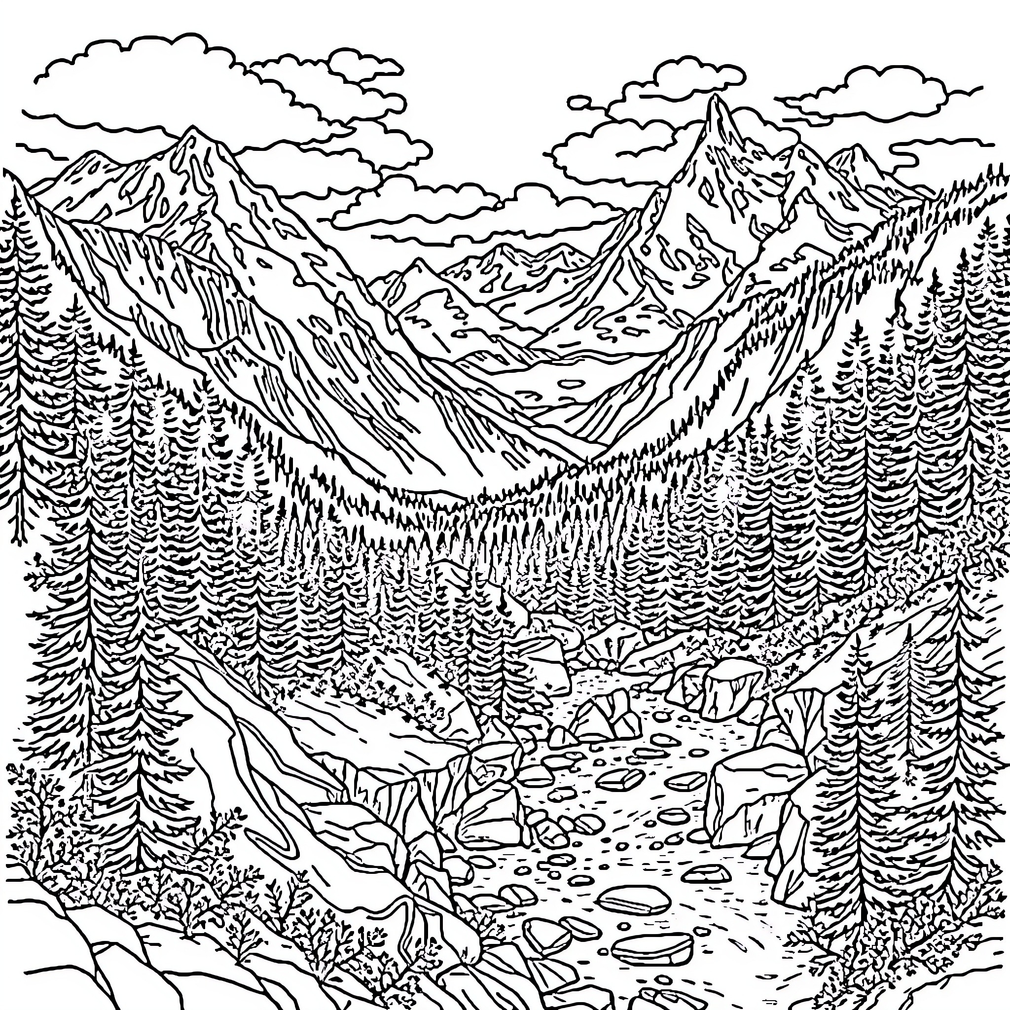 Nature's Majestic Mountain Landscape Coloring Page (free black-and-white line drawing printable PDF for all, from beginners to advanced learners, including children, teens, adults, and seniors)