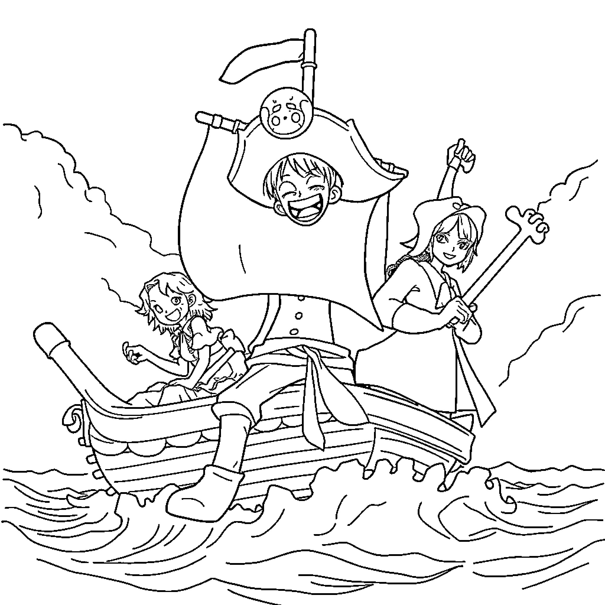 One Piece Characters on a Pirate Ship Adventure Coloring Page (free black-and-white line drawing printable PDF for all, from beginners to advanced learners, including children, teens, adults, and seniors)
