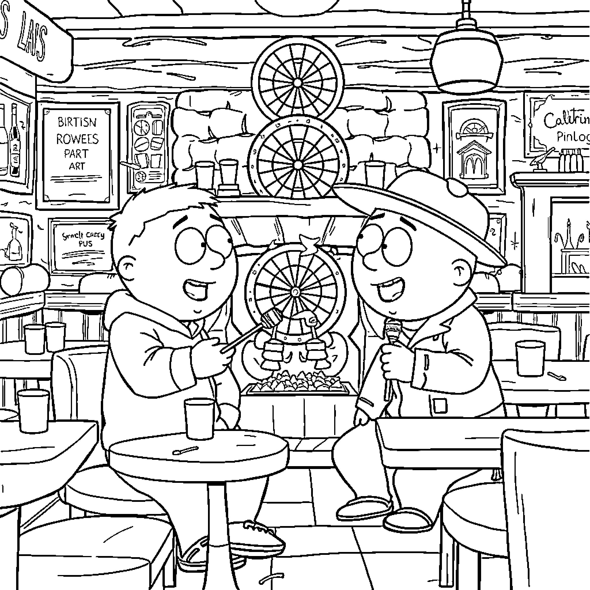 Eric Cartman and Friend Enjoying a Game in the Diner Coloring Page (free black-and-white line drawing printable PDF for all, from beginners to advanced learners, including children, teens, adults, and seniors)