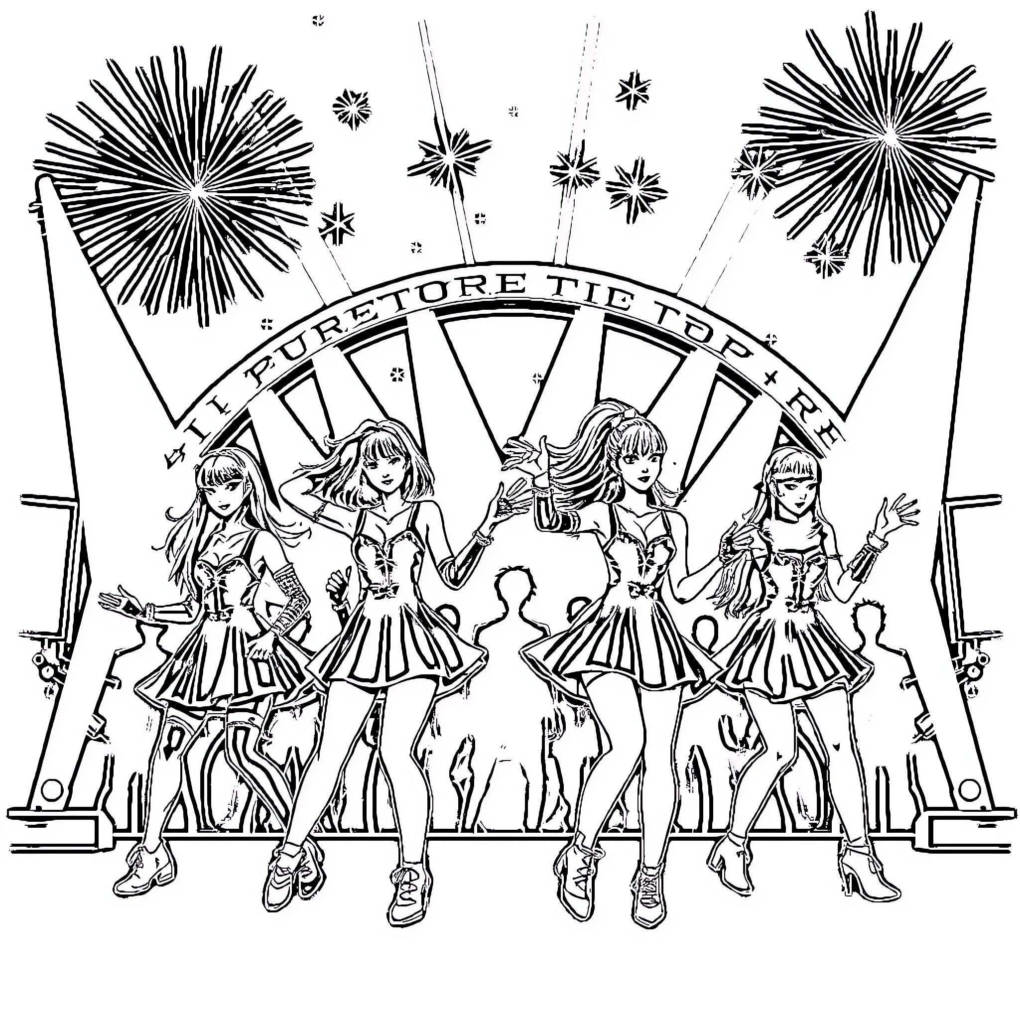 Kpop Warriors Performing on Stage with Dramatic Lighting Coloring Page (free black-and-white line drawing printable PDF for all, from beginners to advanced learners, including children, teens, adults, and seniors)