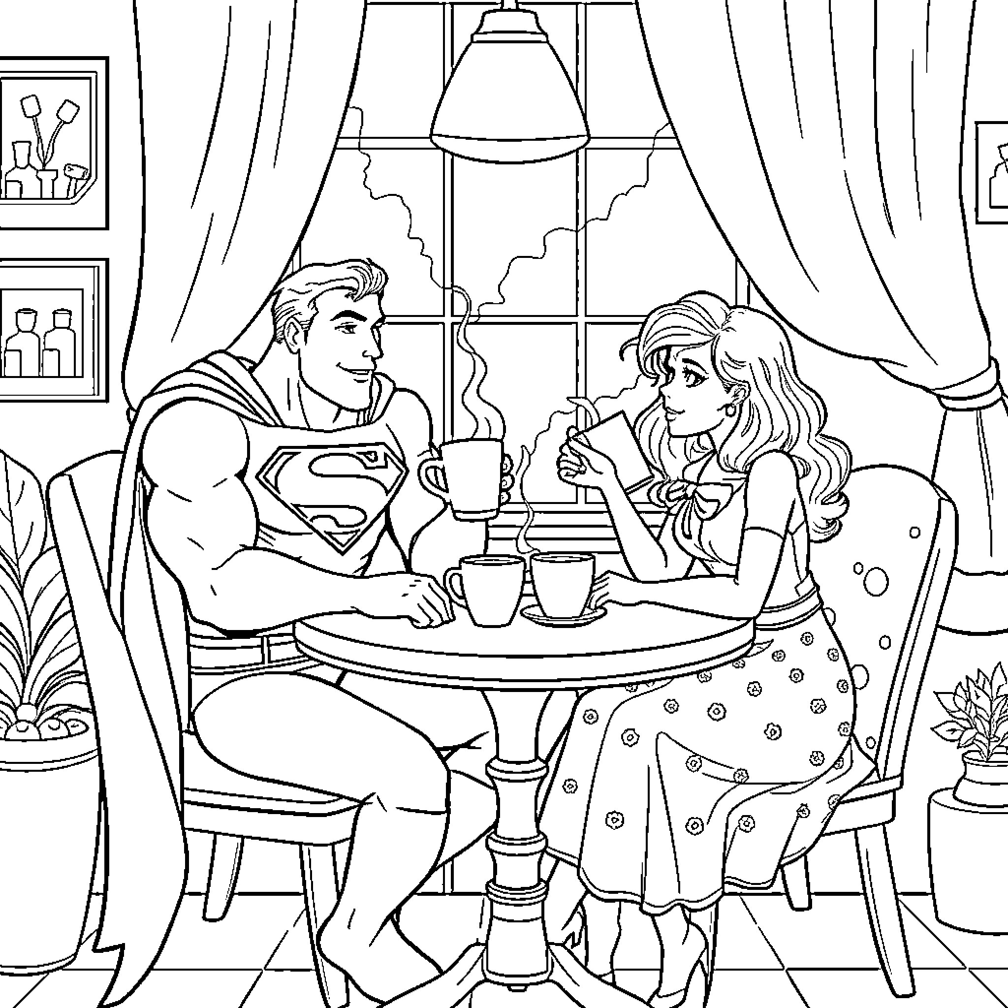 Superman enjoys a cozy tea time with a woman Coloring Page (free black-and-white line drawing printable PDF for all, from beginners to advanced learners, including children, teens, adults, and seniors)