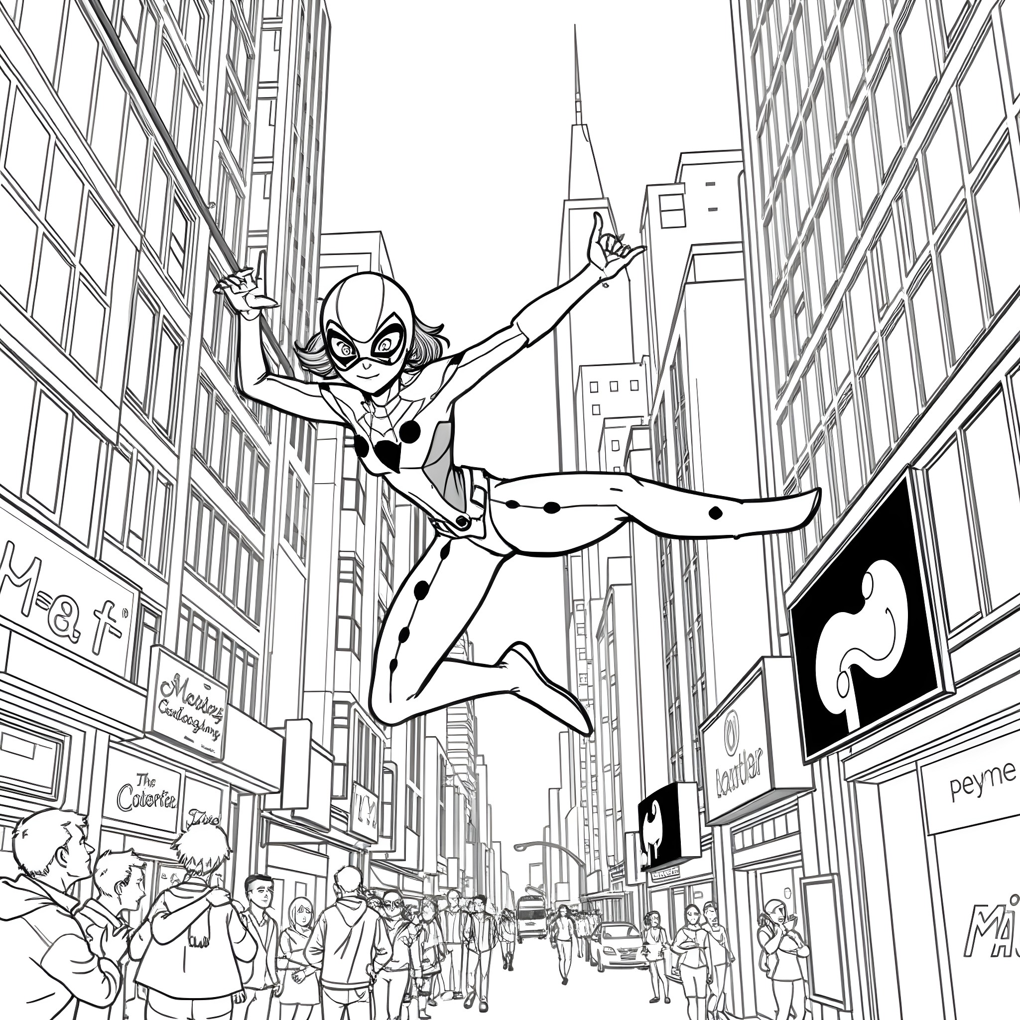 Ladybug superhero soaring through busy city streets Coloring Page (free black-and-white line drawing printable PDF for all, from beginners to advanced learners, including children, teens, adults, and seniors)