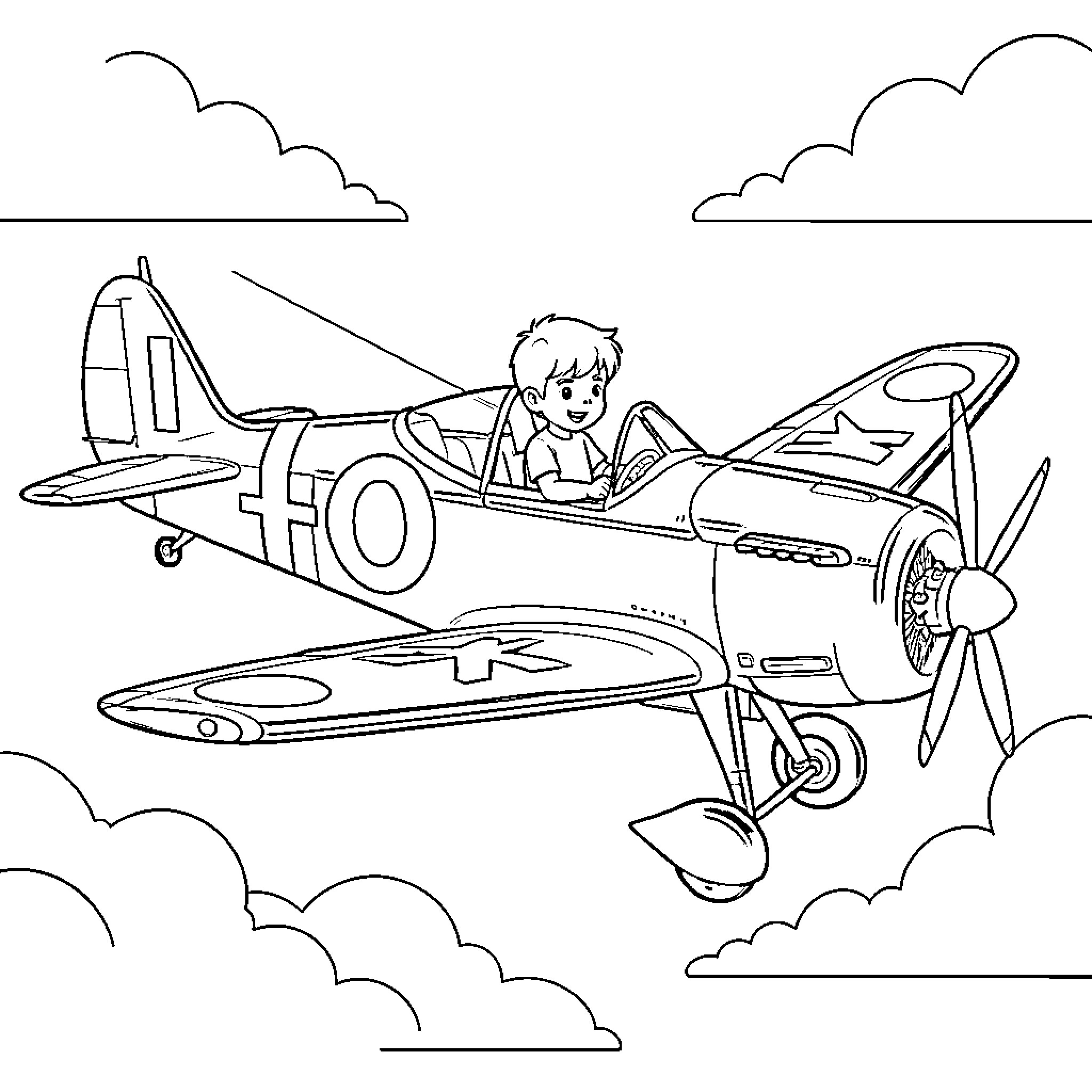 Boy piloting a vintage airplane in the sky Coloring Page (free black-and-white line drawing printable PDF for all, from beginners to advanced learners, including children, teens, adults, and seniors)