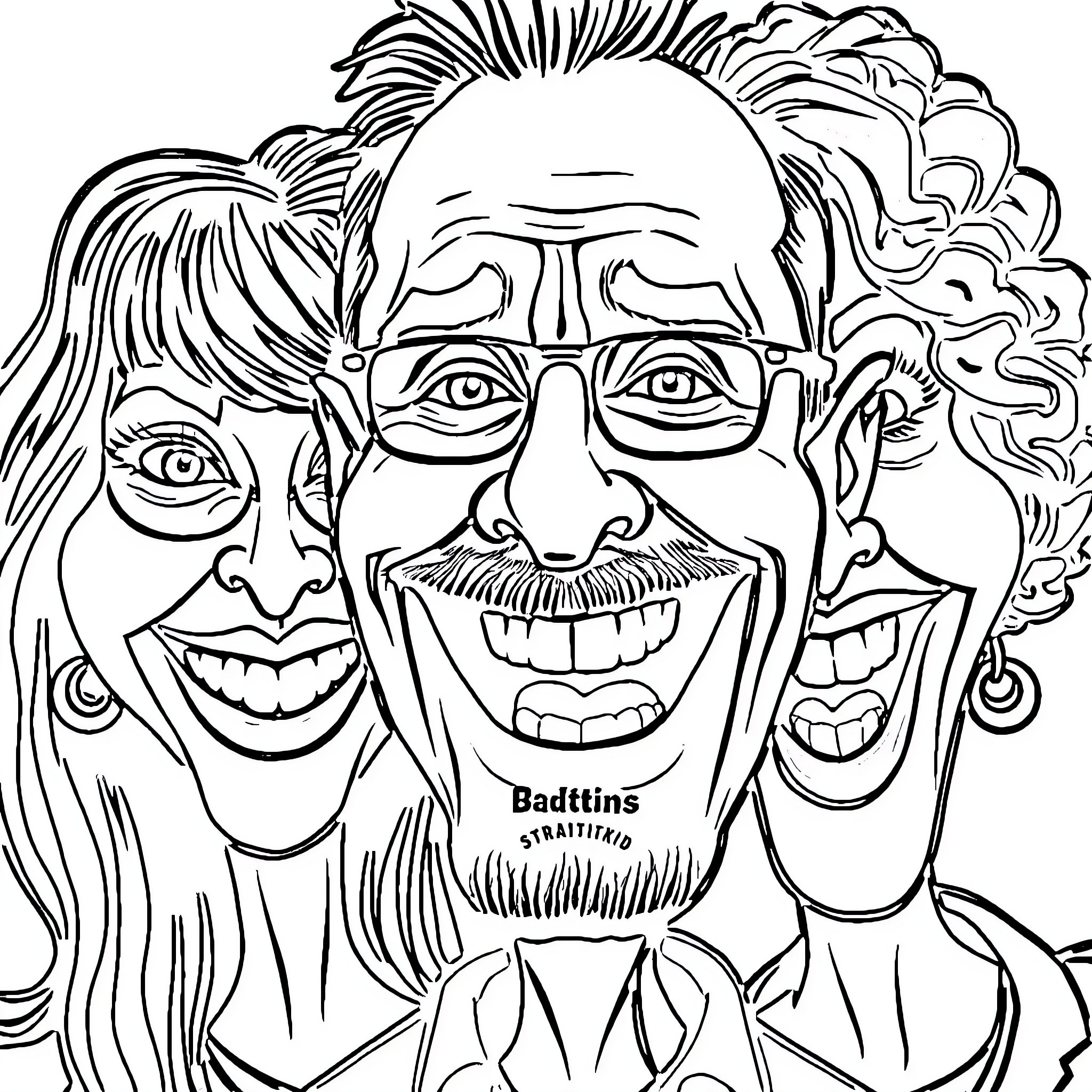 Caricature of Three Smiling Faces Coloring Page (free black-and-white line drawing printable PDF for all, from beginners to advanced learners, including children, teens, adults, and seniors)