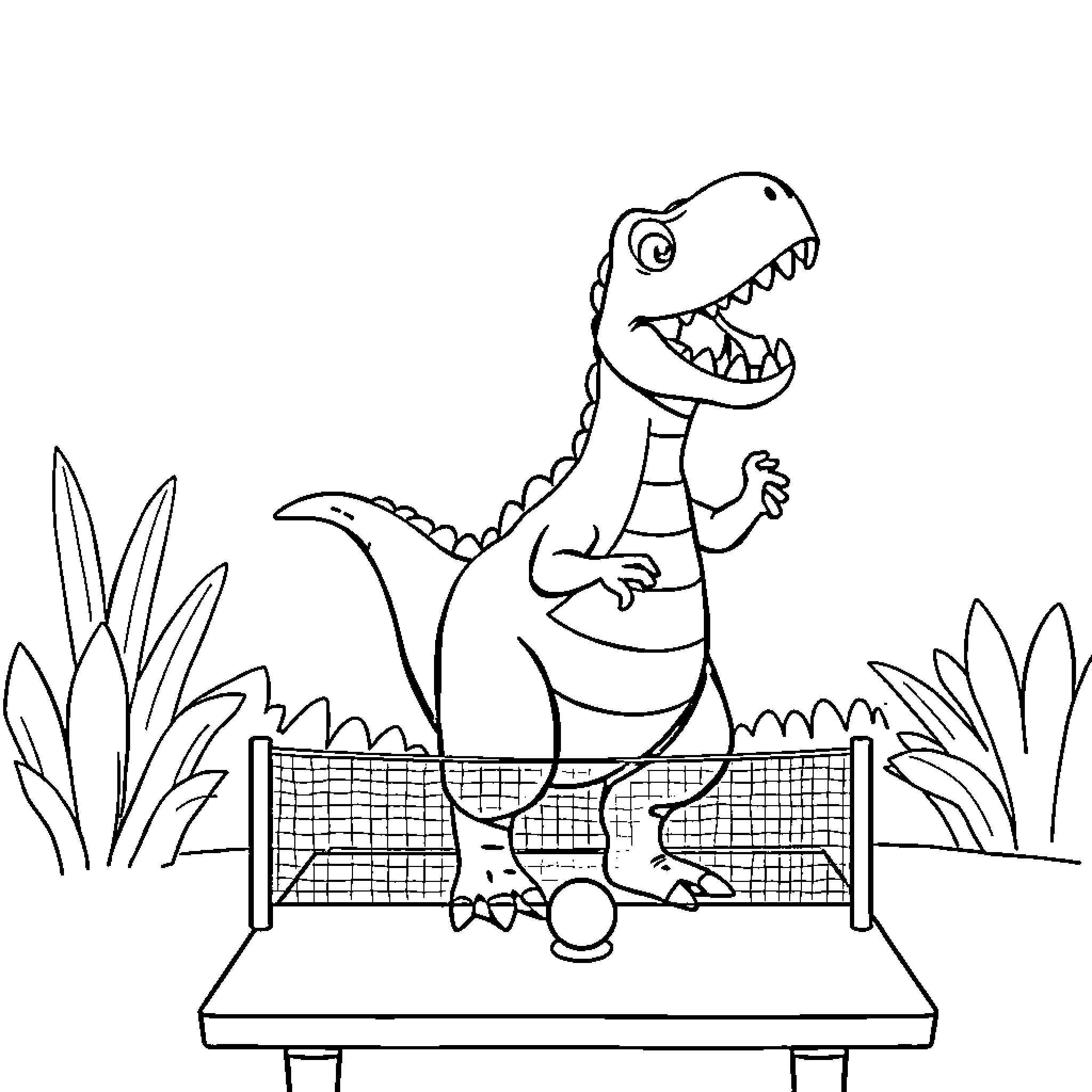 Dinosaur playing sports with net on court Coloring Page (free black-and-white line drawing printable PDF for all, from beginners to advanced learners, including children, teens, adults, and seniors)
