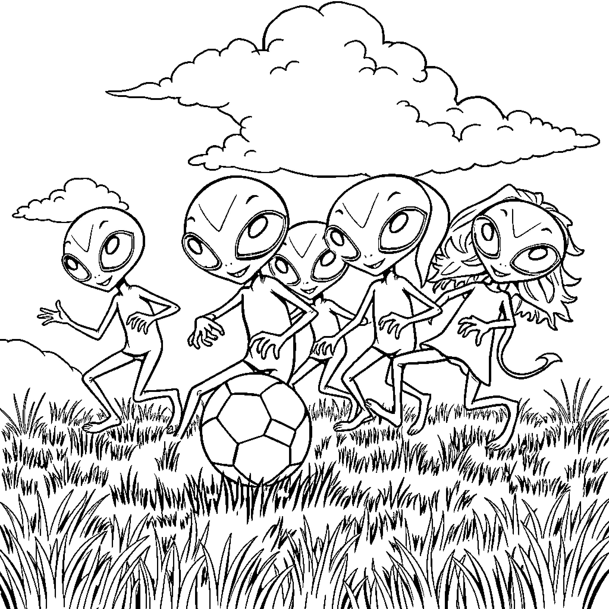 Alien creatures playing soccer in a grassy field Coloring Page (free black-and-white line drawing printable PDF for all, from beginners to advanced learners, including children, teens, adults, and seniors)
