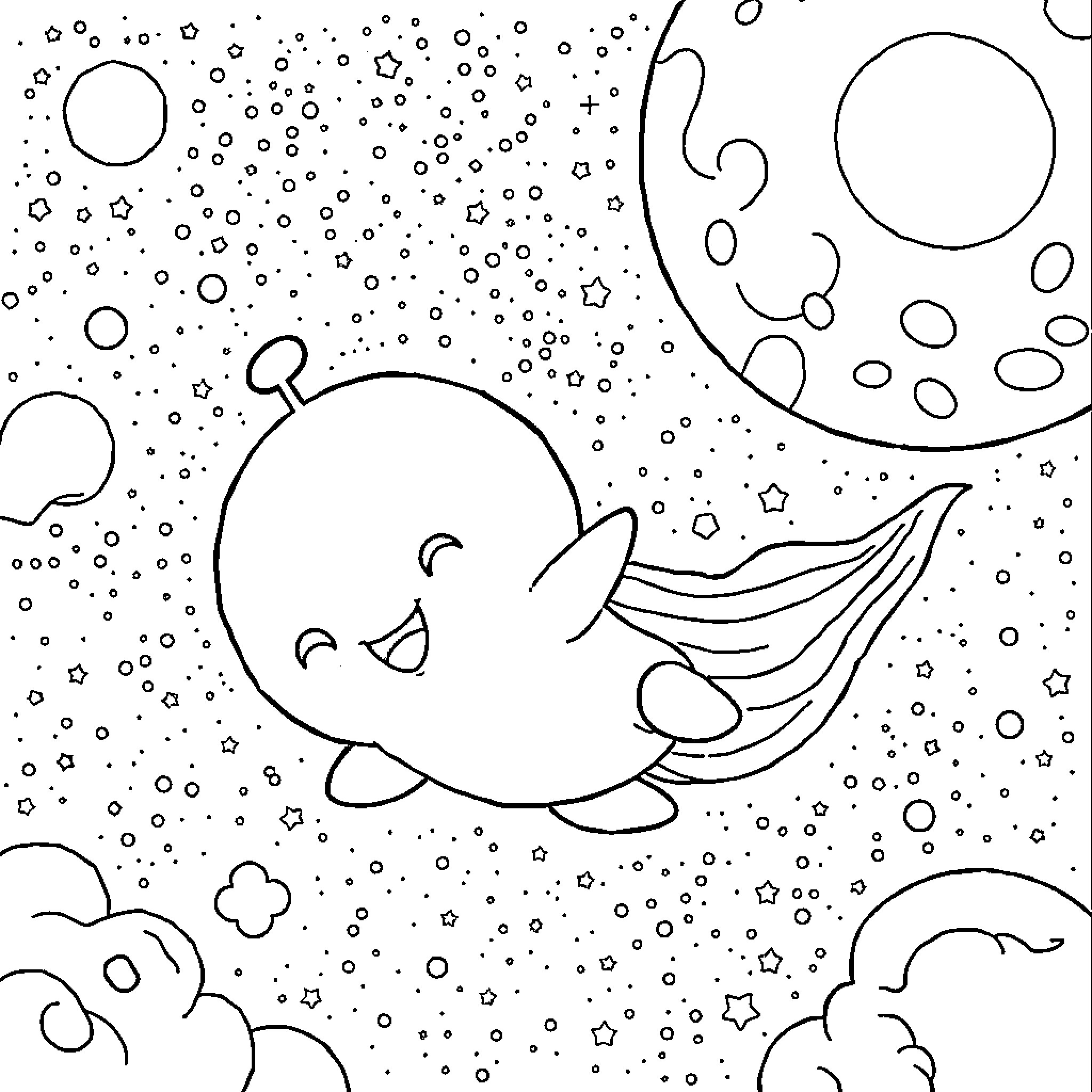 Sprunki playing happily in the cosmic scene Coloring Page (free black-and-white line drawing printable PDF for all, from beginners to advanced learners, including children, teens, adults, and seniors)