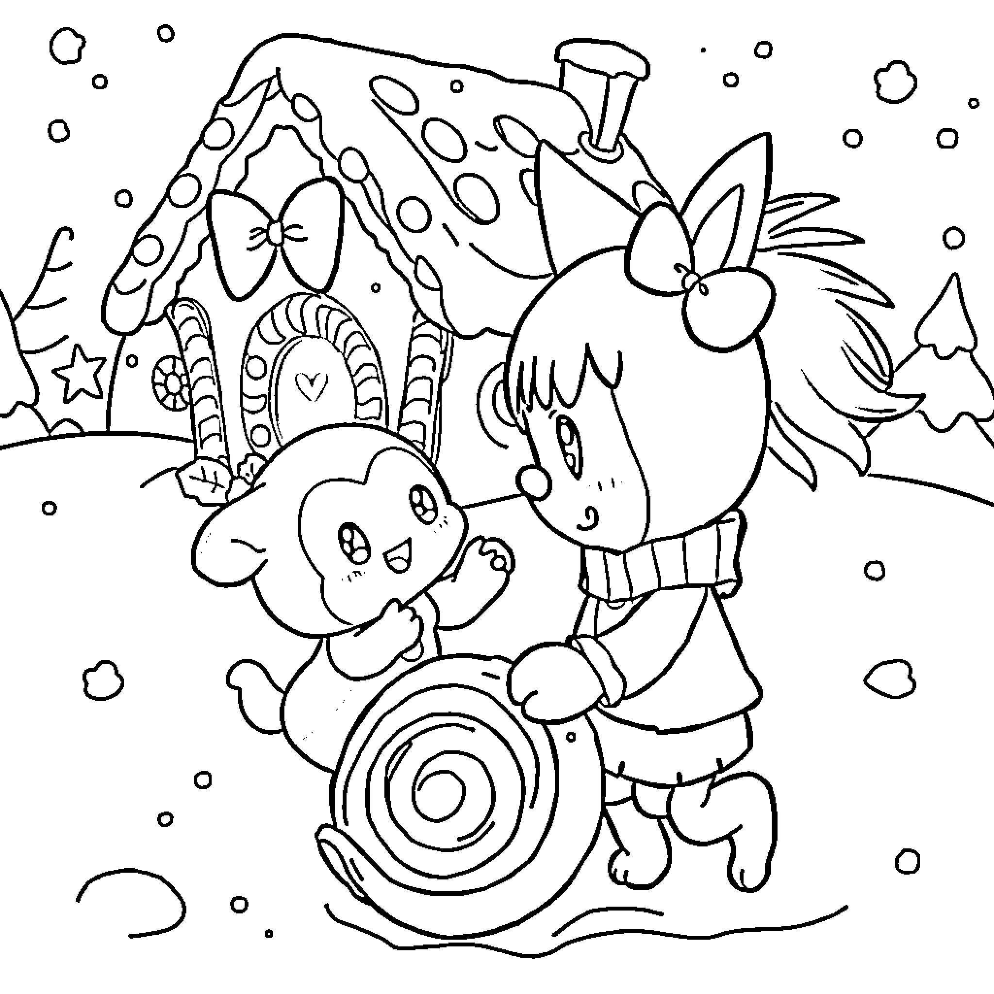Kuromi and friends exploring a snowy winter wonderland Coloring Page (free black-and-white line drawing printable PDF for all, from beginners to advanced learners, including children, teens, adults, and seniors)