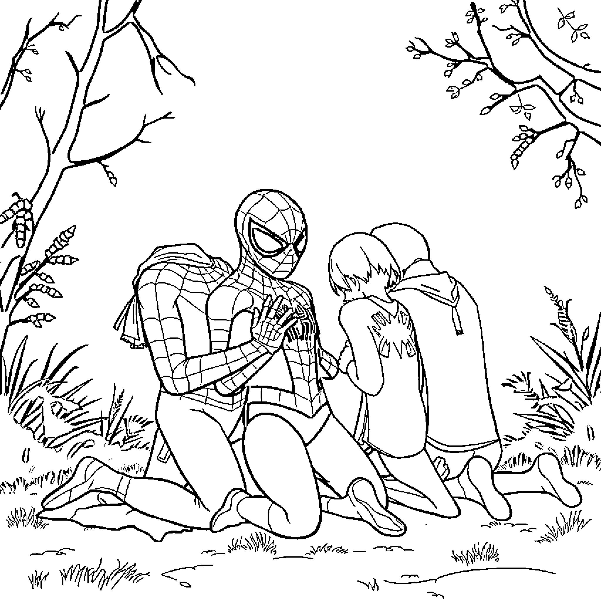 Spidey protects friends in nature's embrace Coloring Page (free black-and-white line drawing printable PDF for all, from beginners to advanced learners, including children, teens, adults, and seniors)