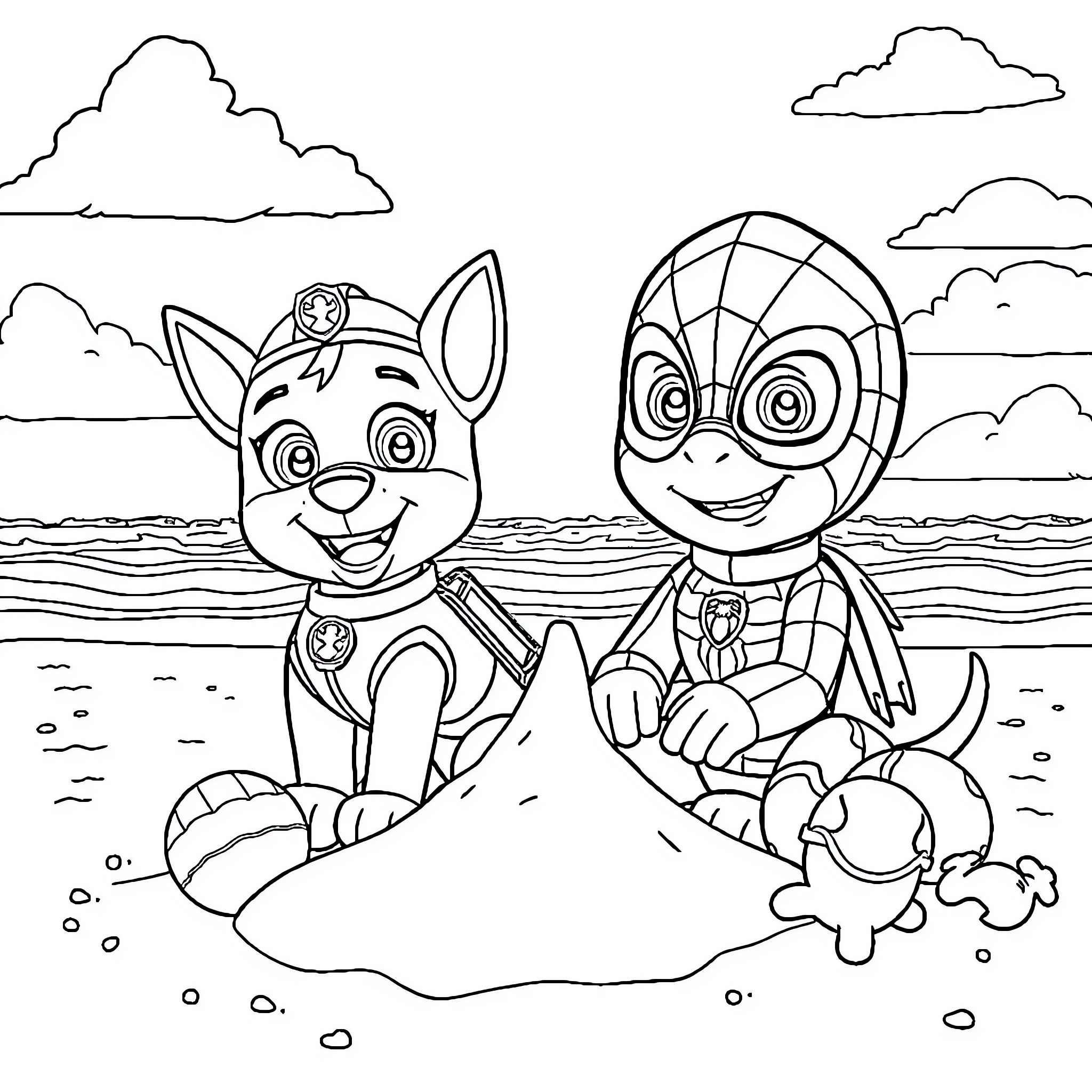 Paw Patrol characters playing on the beach Coloring Page (free black-and-white line drawing printable PDF for all, from beginners to advanced learners, including children, teens, adults, and seniors)