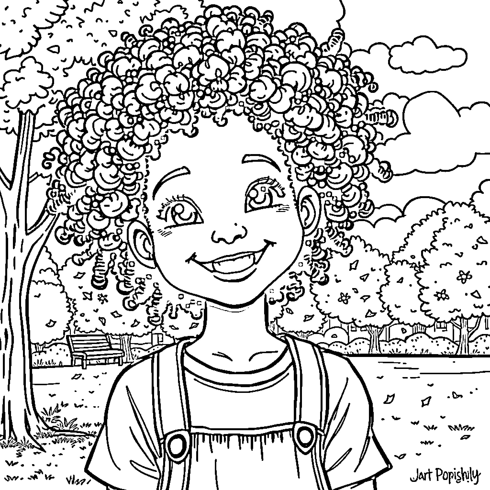 Girl with Curly Hair Enjoying the Outdoors Coloring Page (free black-and-white line drawing printable PDF for all, from beginners to advanced learners, including children, teens, adults, and seniors)