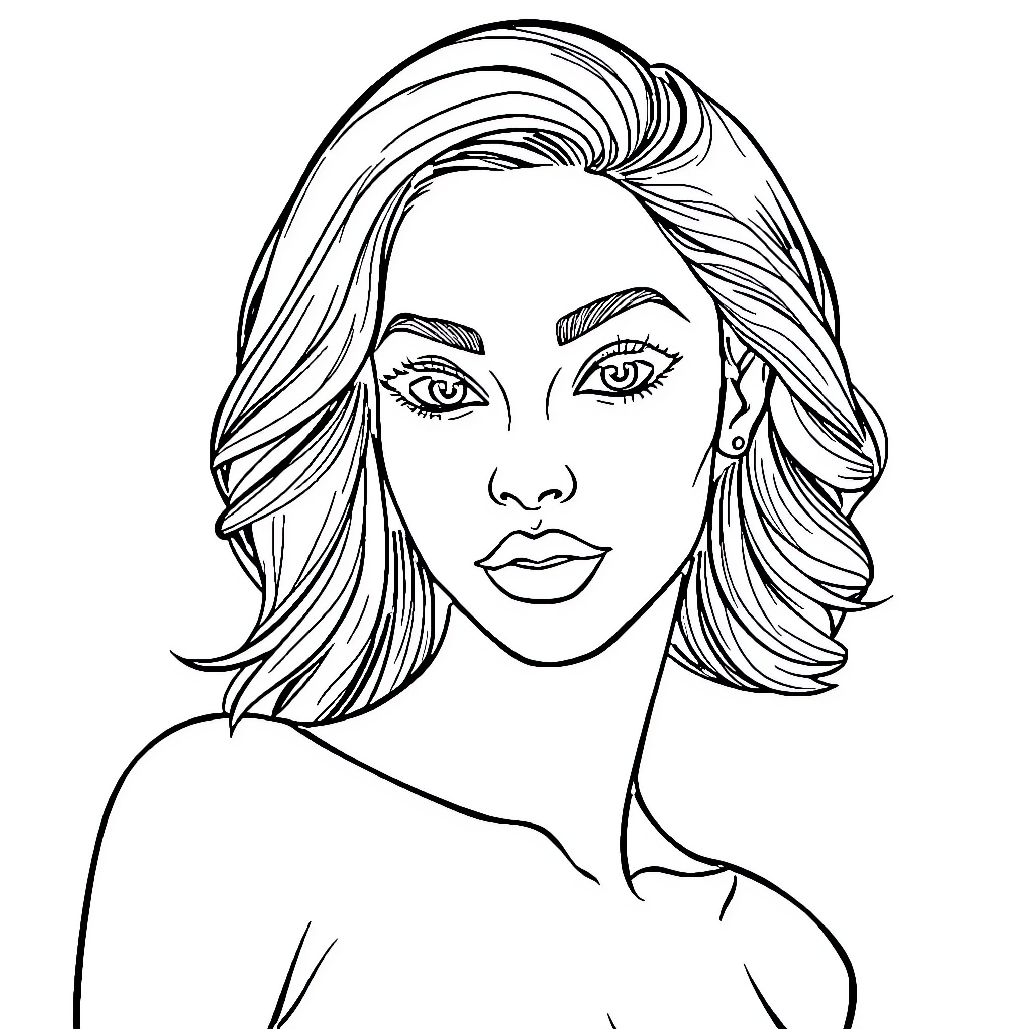 Woman with stylized facial features and wavy hair Coloring Page (free black-and-white line drawing printable PDF for all, from beginners to advanced learners, including children, teens, adults, and seniors)