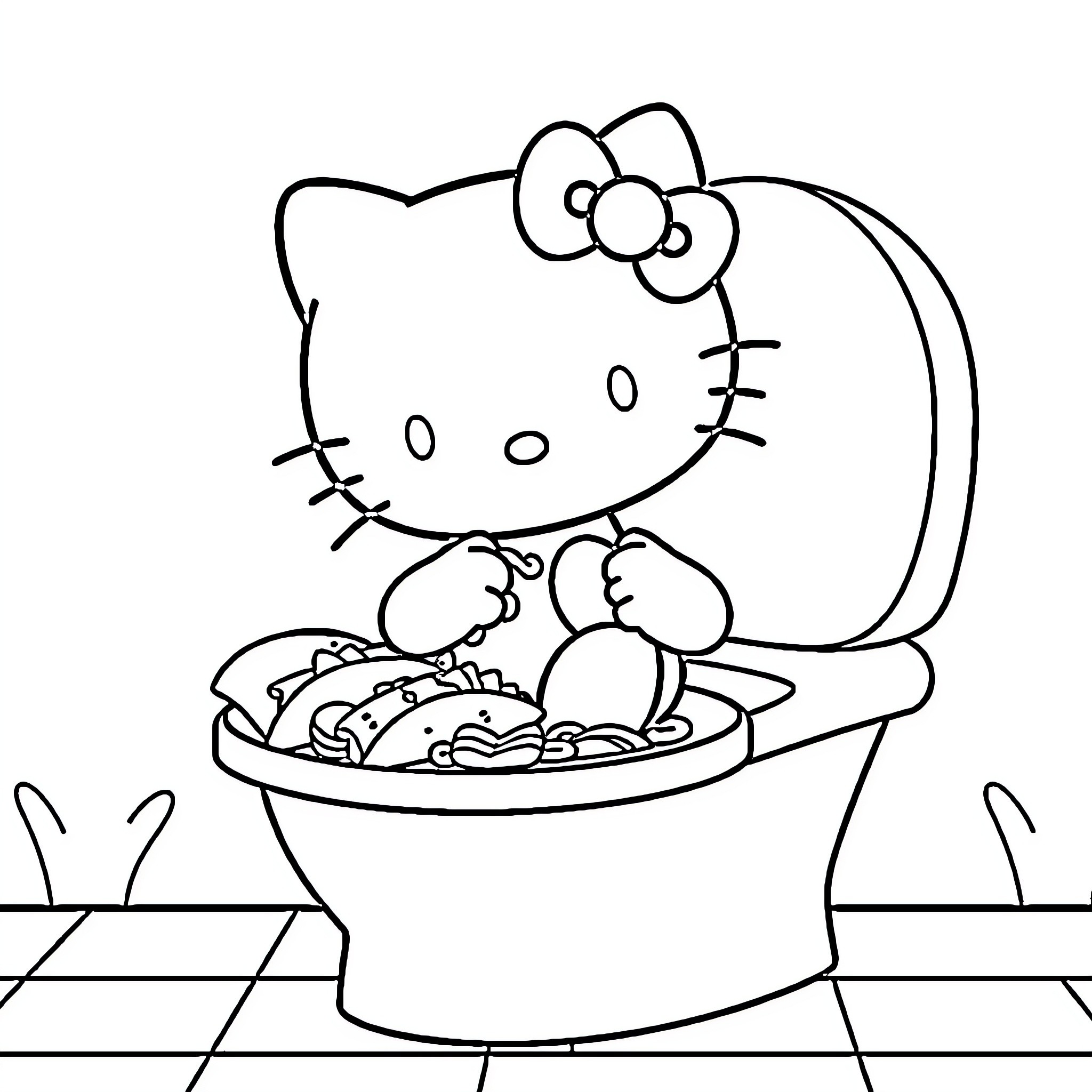 Hello Kitty cooking delicious food in the kitchen Coloring Page (free black-and-white line drawing printable PDF for all, from beginners to advanced learners, including children, teens, adults, and seniors)