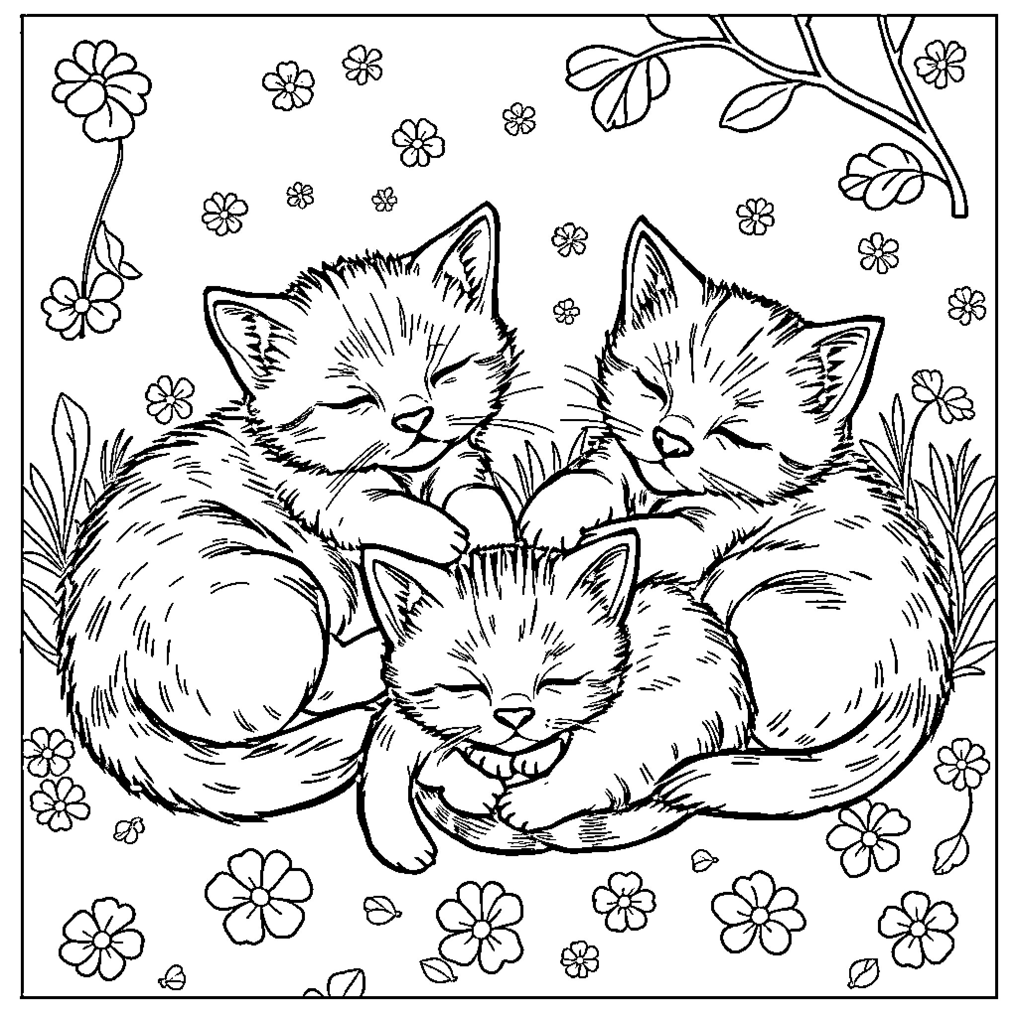 Cat kittens cuddling in a floral scene Coloring Page (free black-and-white line drawing printable PDF for all, from beginners to advanced learners, including children, teens, adults, and seniors)