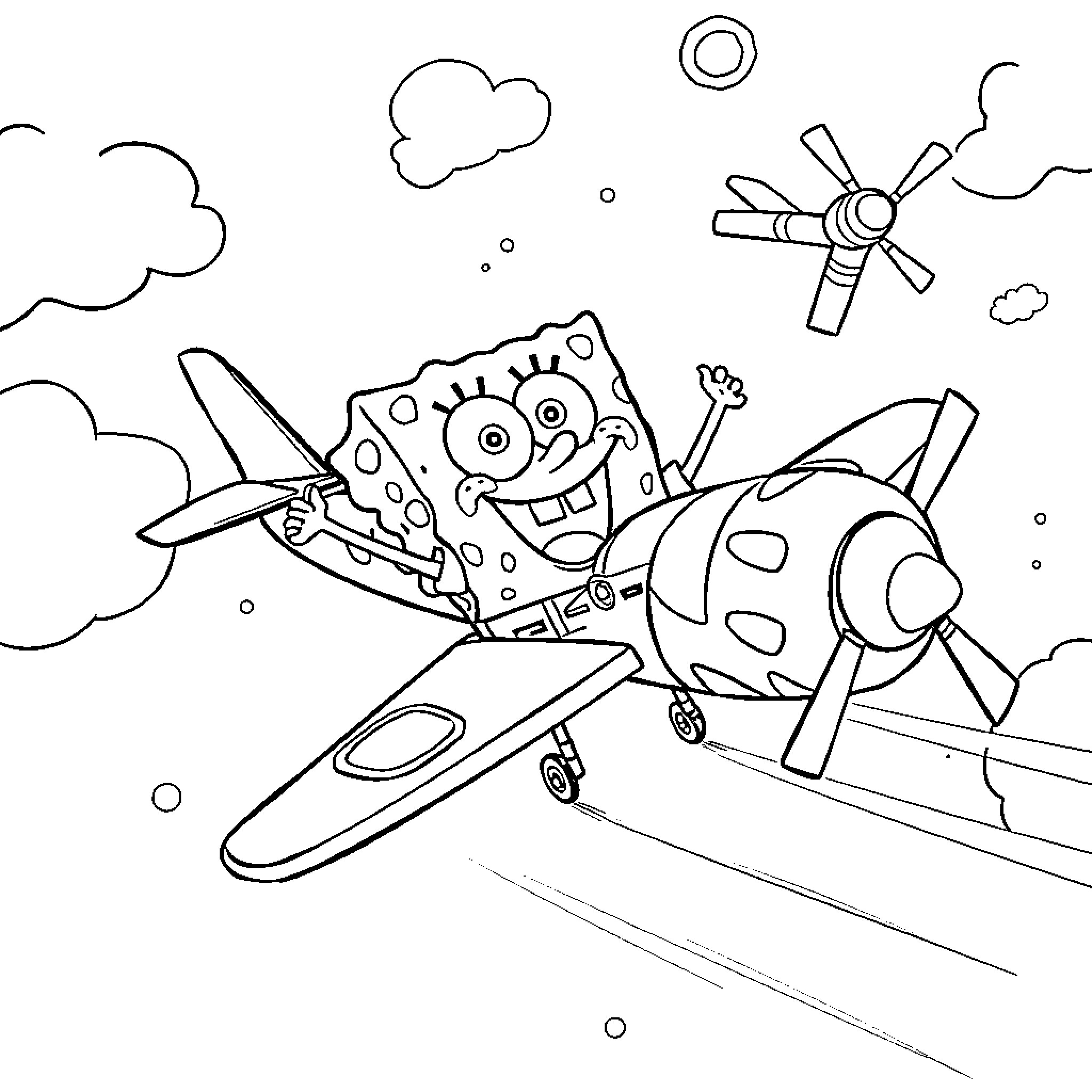 Spongebob's Exciting Airplane Adventure Coloring Page (free black-and-white line drawing printable PDF for all, from beginners to advanced learners, including children, teens, adults, and seniors)