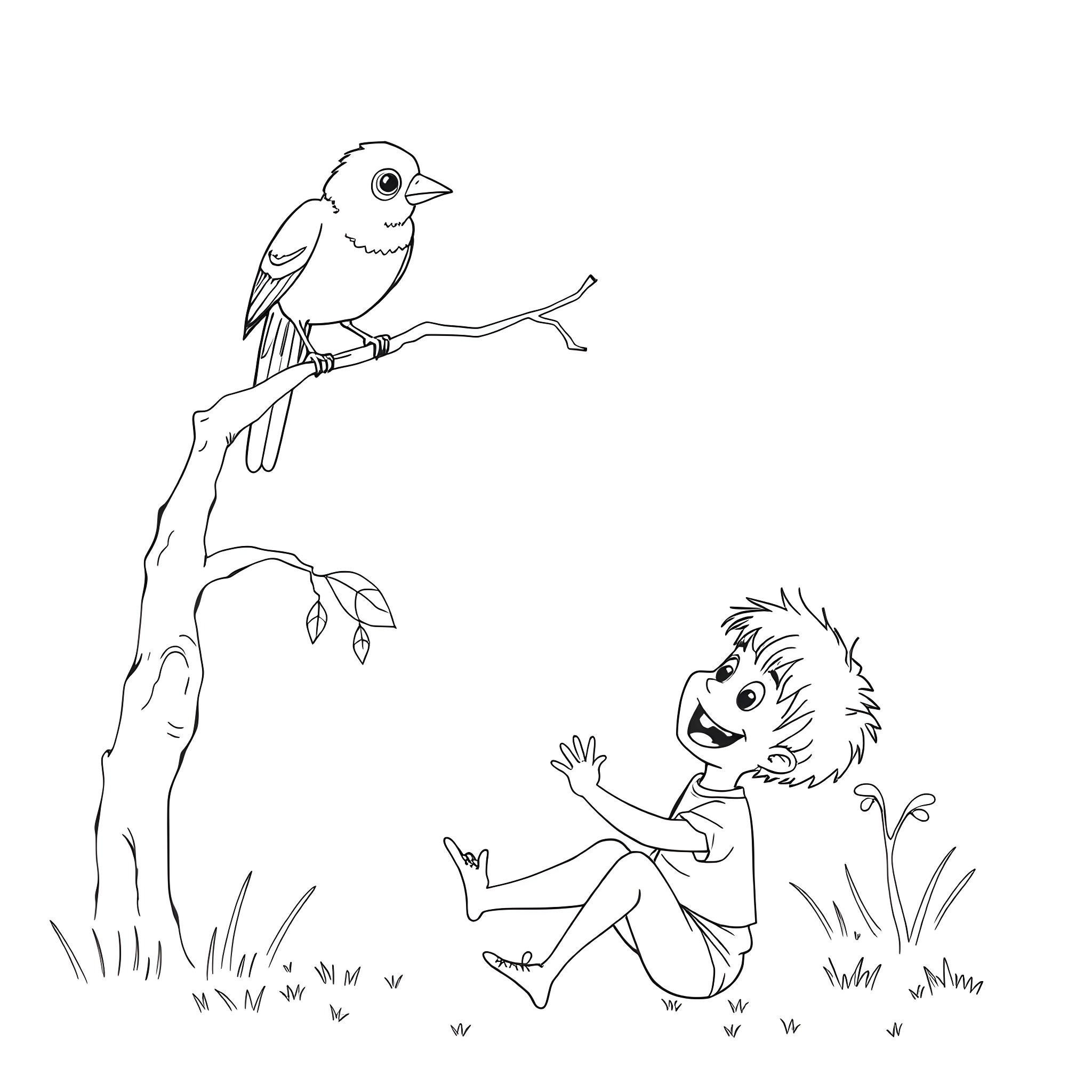Bird perched on a branch watching as child runs excitedly through nature Coloring Page (free black-and-white line drawing printable PDF for all, from beginners to advanced learners, including children, teens, adults, and seniors)