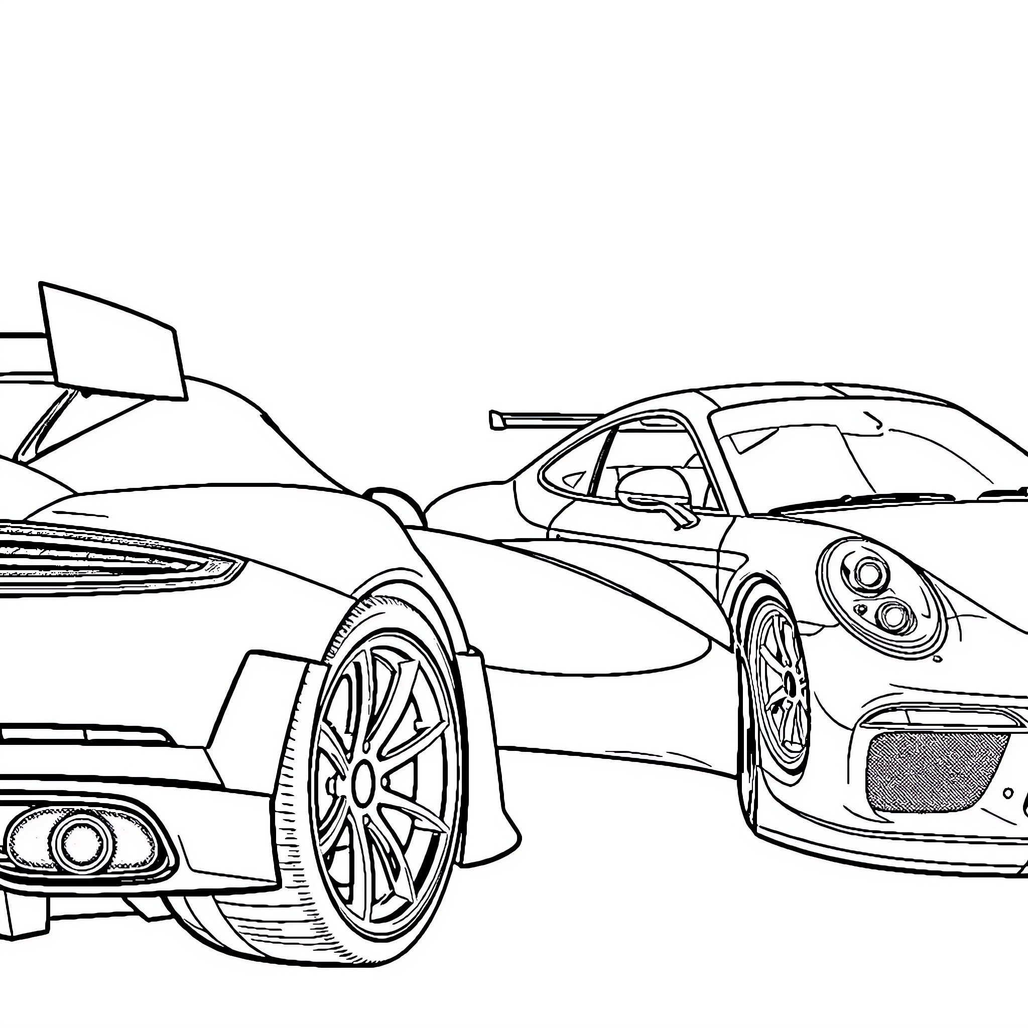 Car racing on the track Coloring Page (free black-and-white line drawing printable PDF for all, from beginners to advanced learners, including children, teens, adults, and seniors)