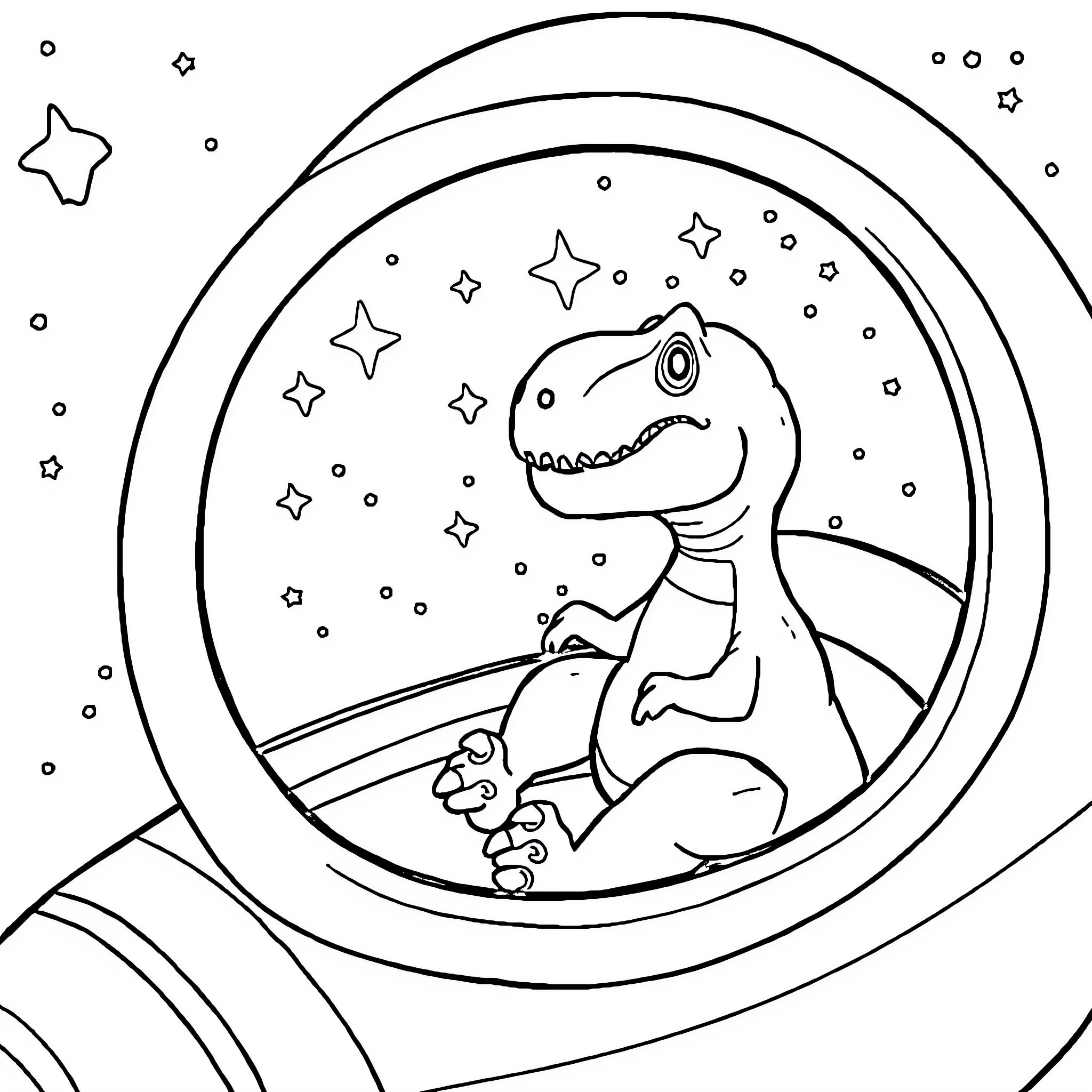 Dinosaur exploring the starry cosmos in a spacecraft Coloring Page (free black-and-white line drawing printable PDF for all, from beginners to advanced learners, including children, teens, adults, and seniors)