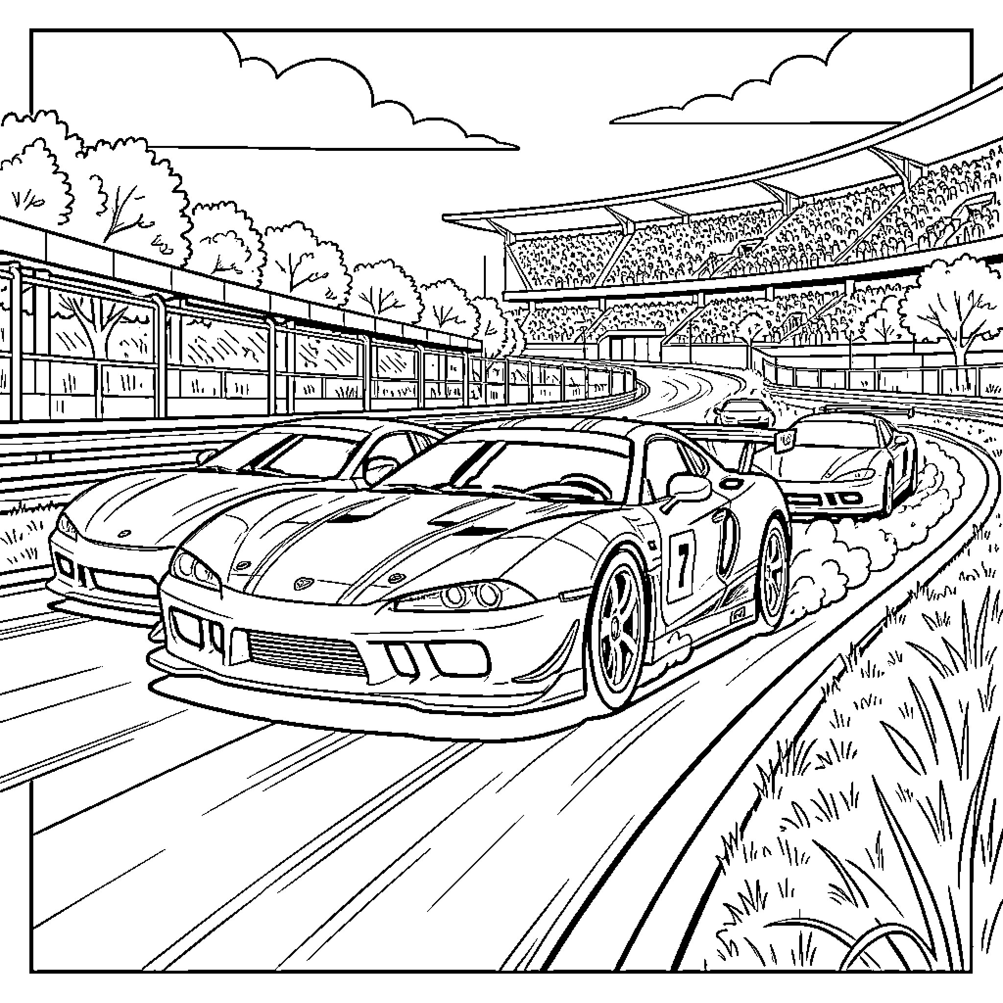 Gt race cars speeding around a professional track Coloring Page (free black-and-white line drawing printable PDF for all, from beginners to advanced learners, including children, teens, adults, and seniors)