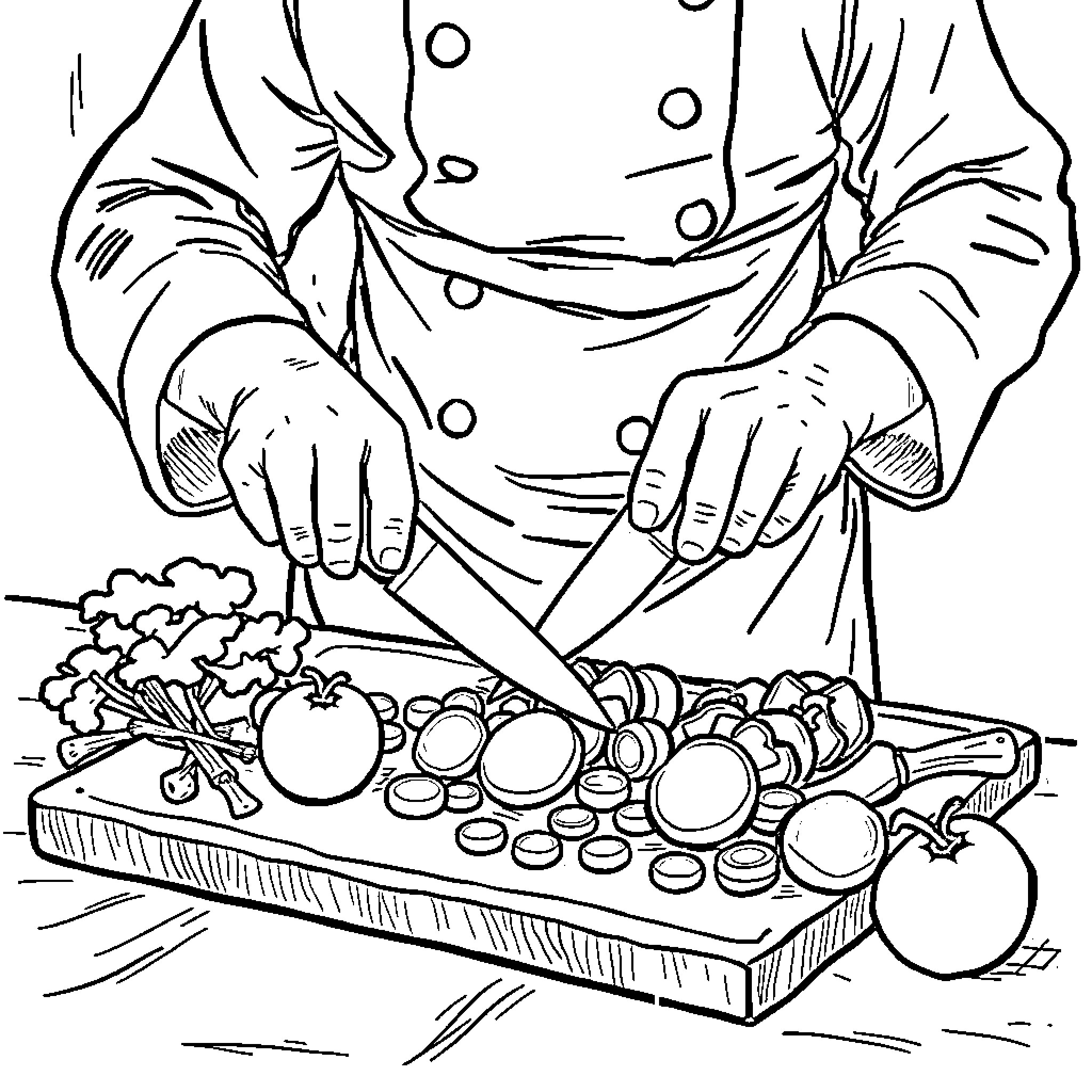 Chef preparing fresh produce on a cutting board Coloring Page (free black-and-white line drawing printable PDF for all, from beginners to advanced learners, including children, teens, adults, and seniors)