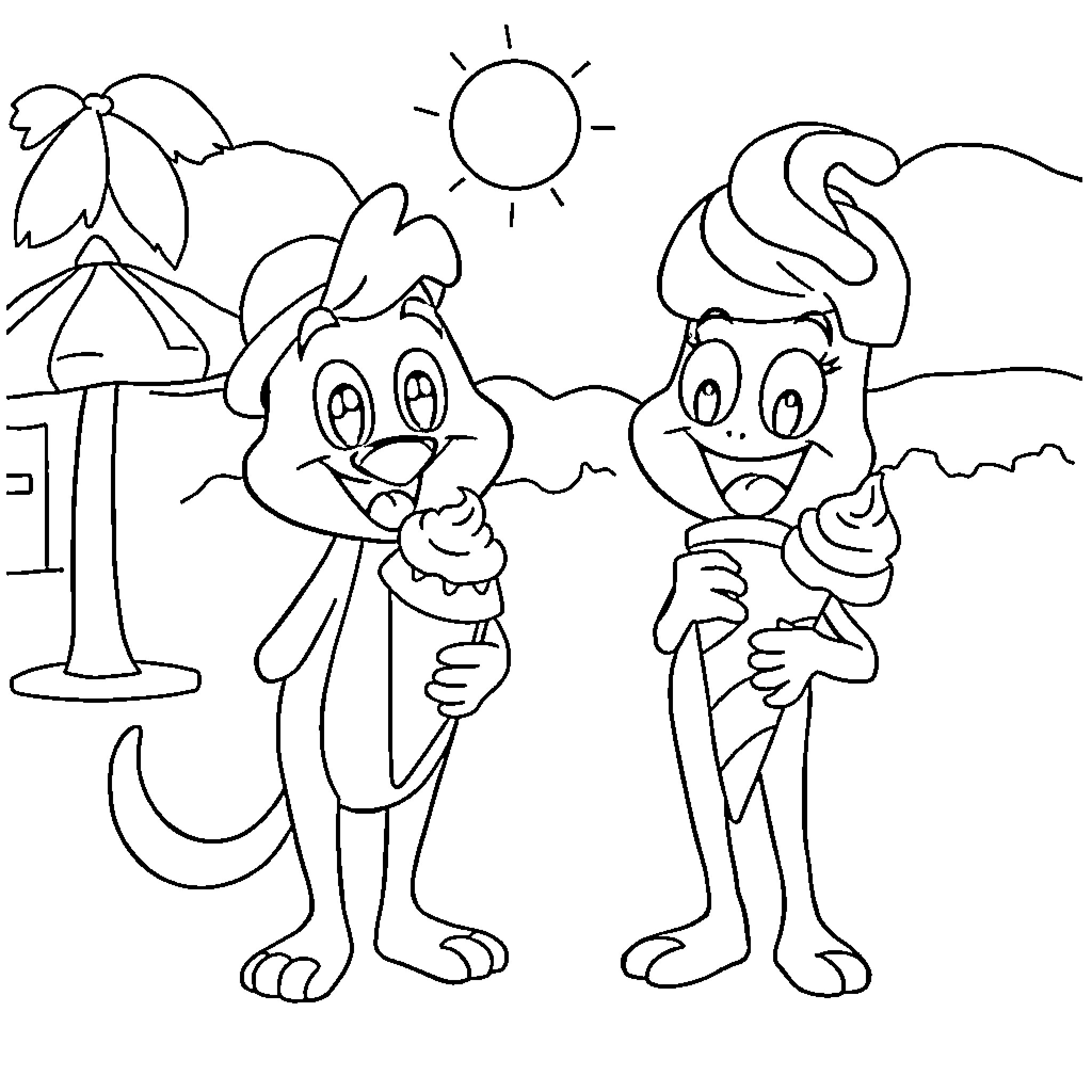 Bluey and Bingo playing happily in the sun Coloring Page (free black-and-white line drawing printable PDF for all, from beginners to advanced learners, including children, teens, adults, and seniors)
