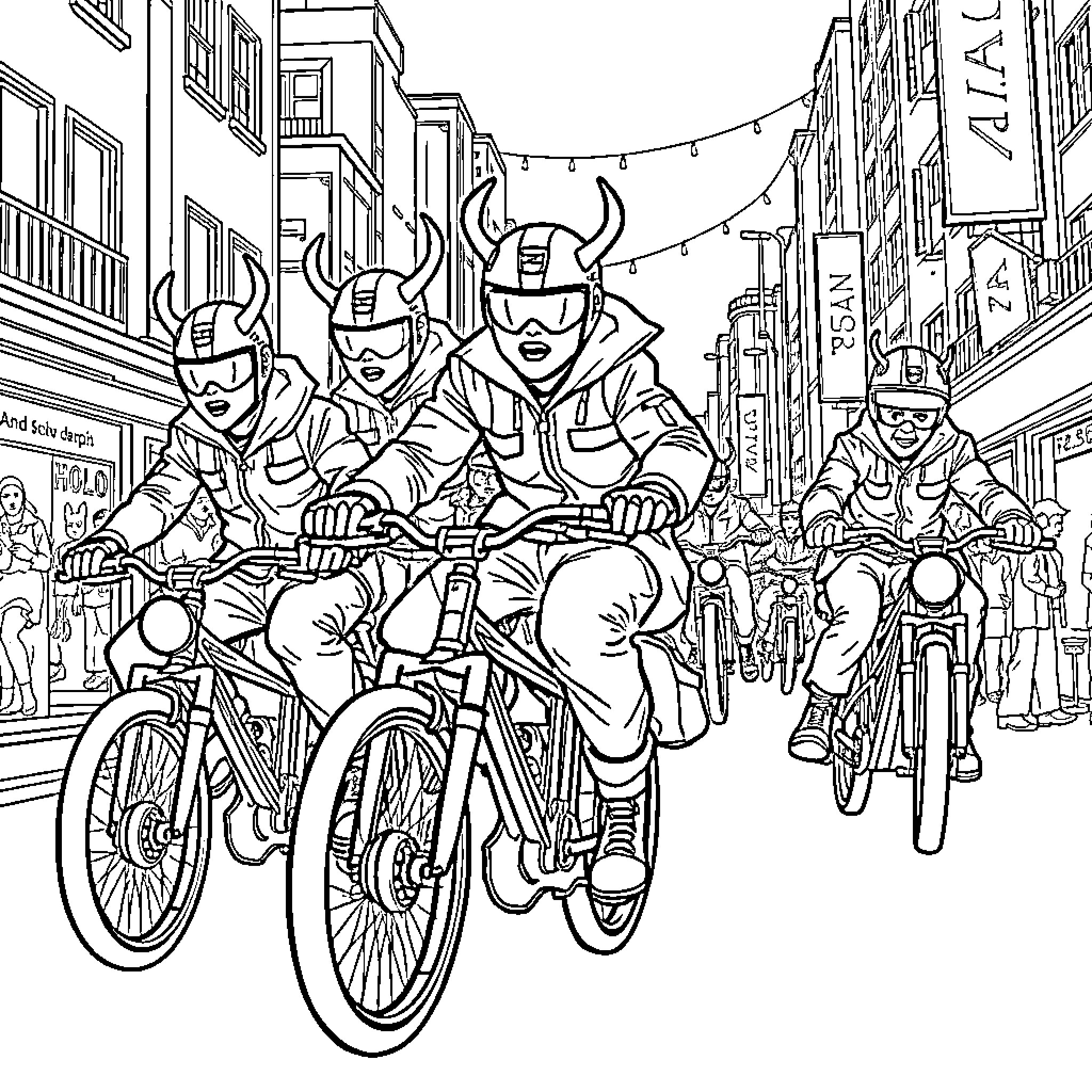 Demon Hunters Racing Through the City Streets Coloring Page (free black-and-white line drawing printable PDF for all, from beginners to advanced learners, including children, teens, adults, and seniors)