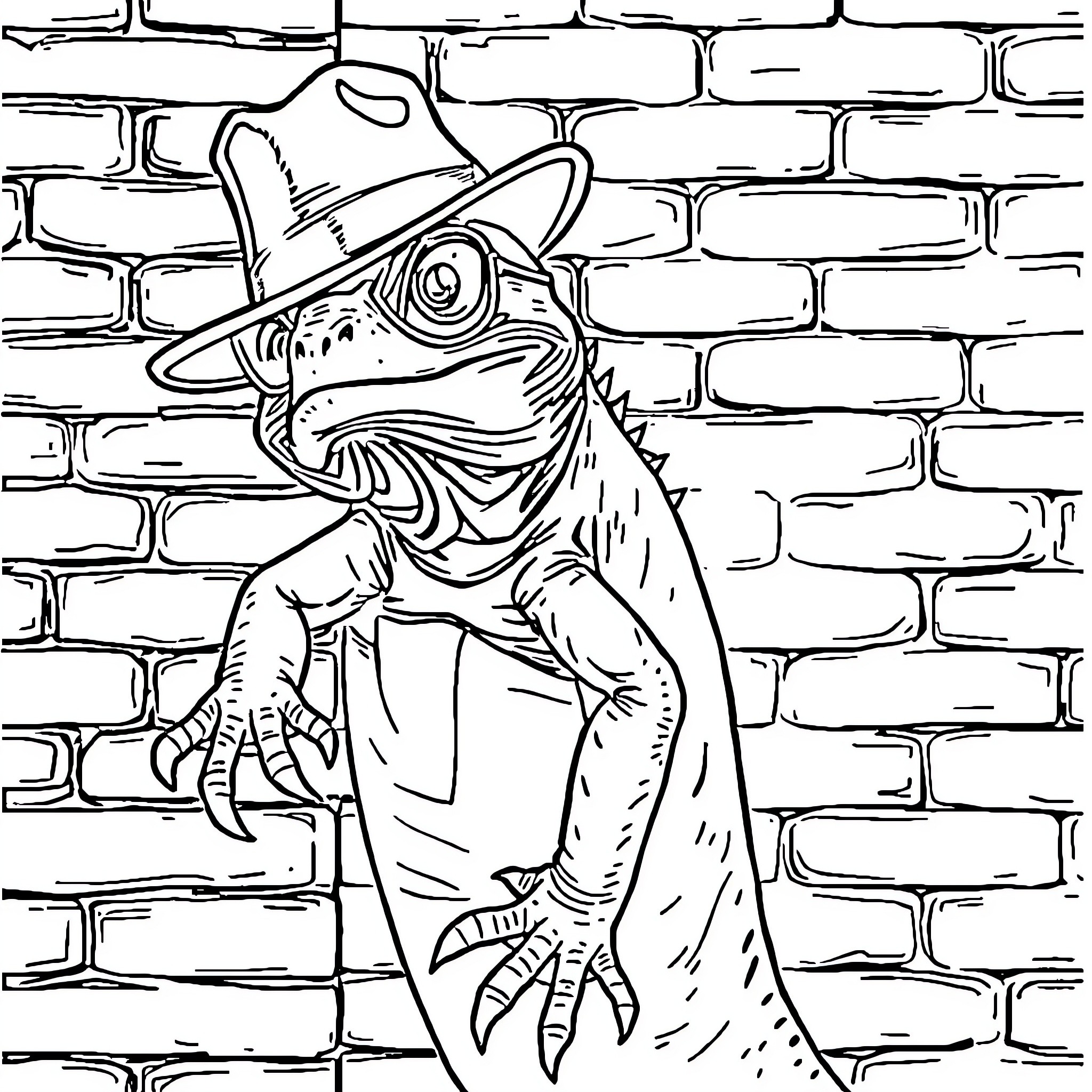 Lizard Cowboy Guarding the Brick Wall Coloring Page (free black-and-white line drawing printable PDF for all, from beginners to advanced learners, including children, teens, adults, and seniors)