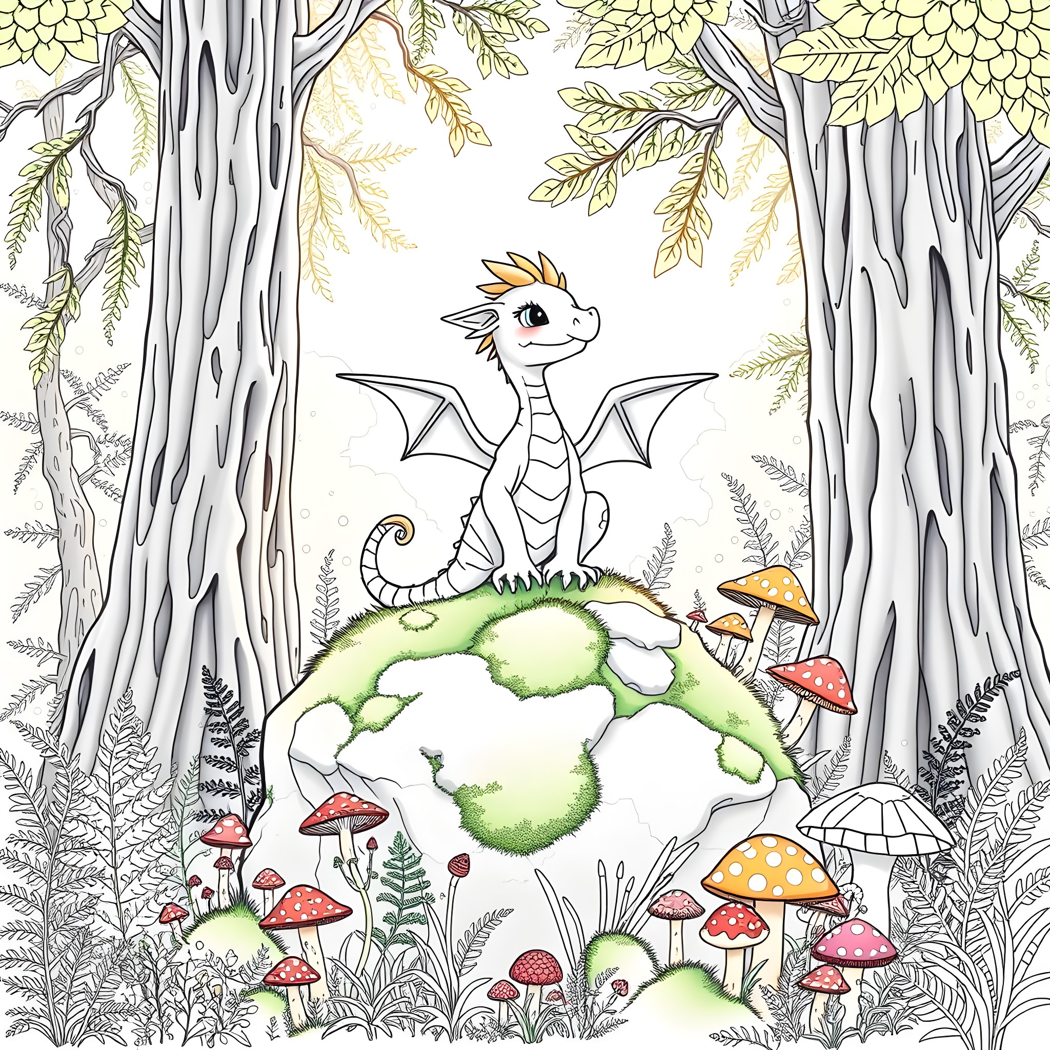 Mushroom Dragon in a Whimsical Forest Coloring Page (free black-and-white line drawing printable PDF for all, from beginners to advanced learners, including children, teens, adults, and seniors)