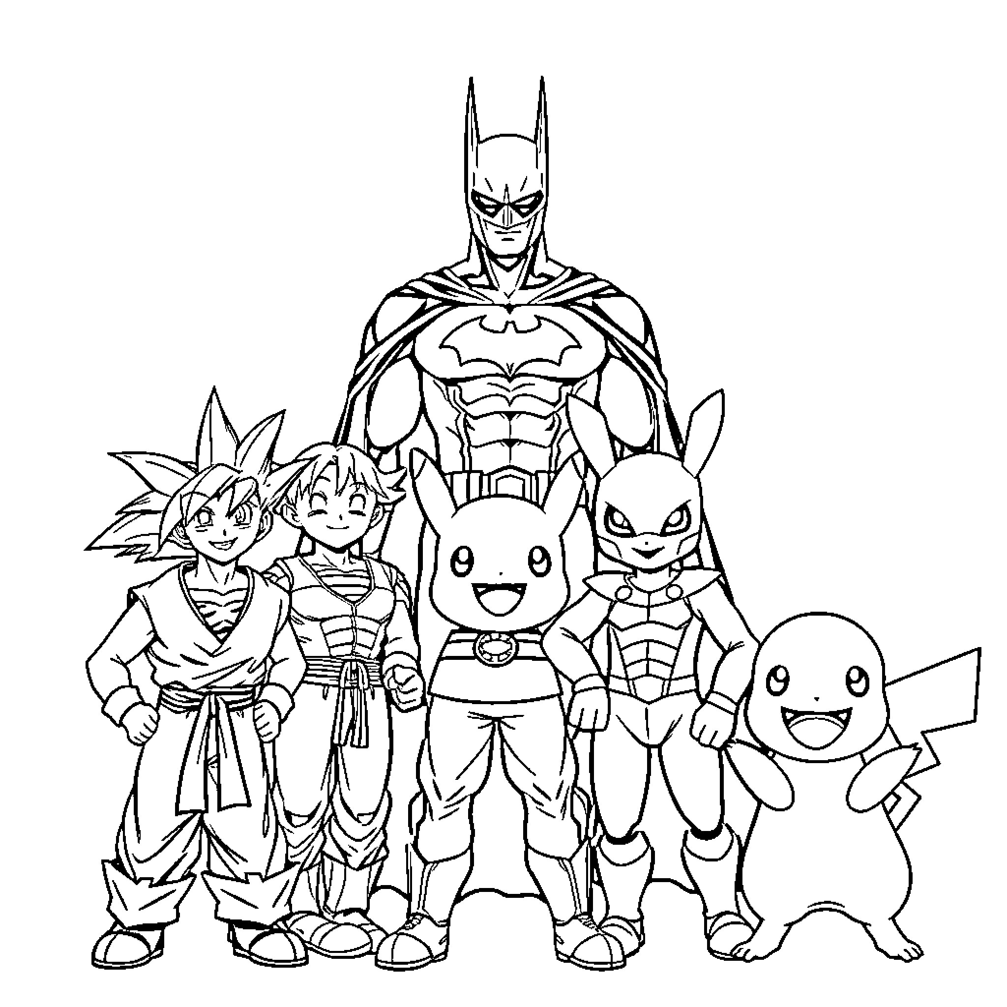 Character Group Posing Together Playfully Coloring Page (free black-and-white line drawing printable PDF for all, from beginners to advanced learners, including children, teens, adults, and seniors)