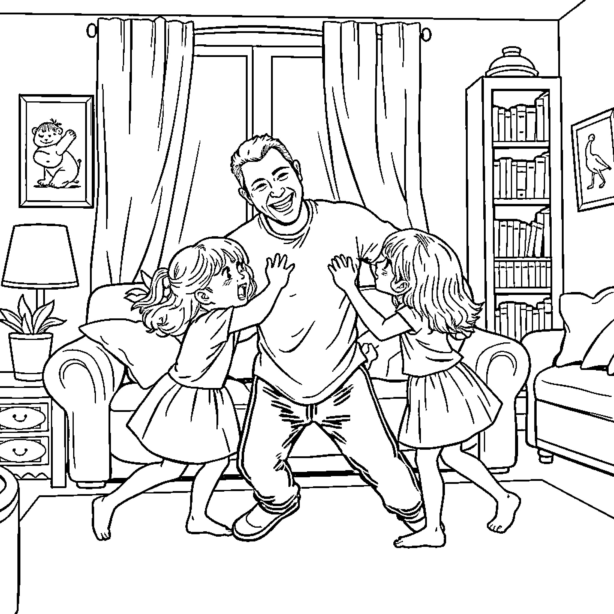 Twin Girls Playing Joyfully with Father at Home Coloring Page (free black-and-white line drawing printable PDF for all, from beginners to advanced learners, including children, teens, adults, and seniors)