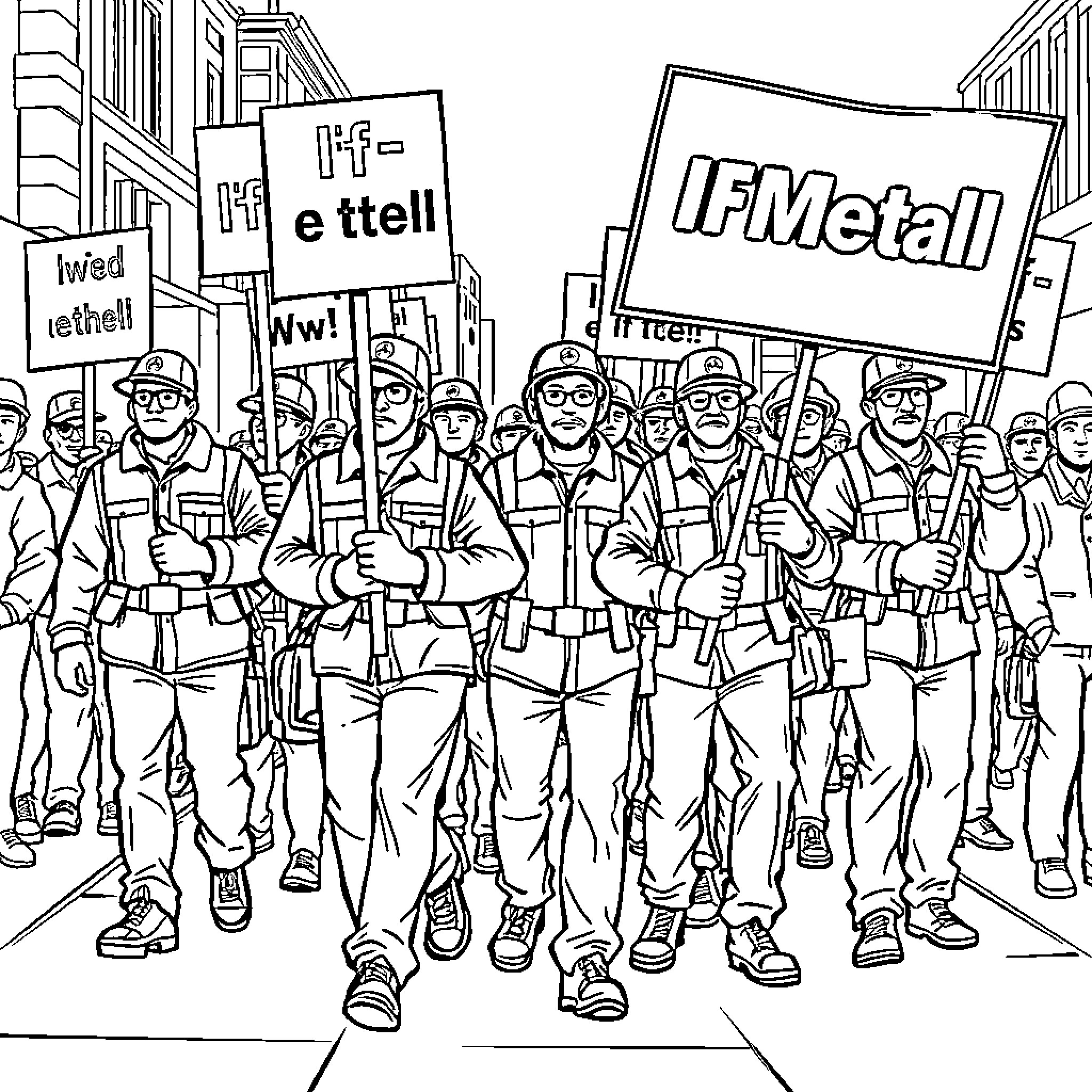 Unionworkers demonstrating and marching with protest signs Coloring Page (free black-and-white line drawing printable PDF for all, from beginners to advanced learners, including children, teens, adults, and seniors)