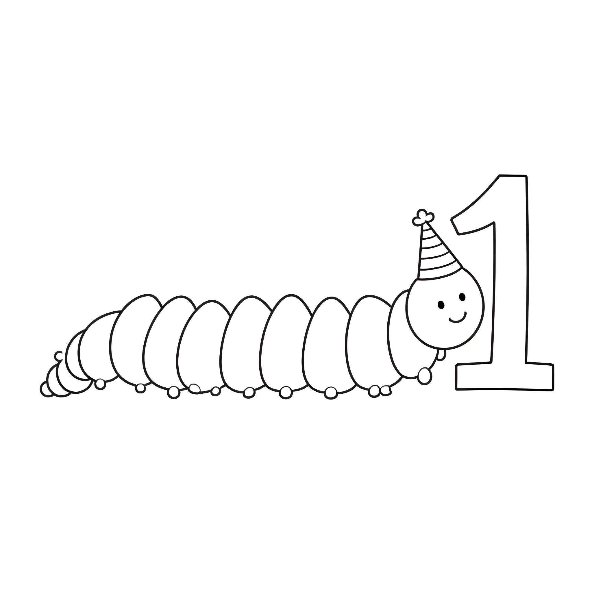 Caterpillar celebrating its first birthday Coloring Page (free black-and-white line drawing printable PDF for all, from beginners to advanced learners, including children, teens, adults, and seniors)
