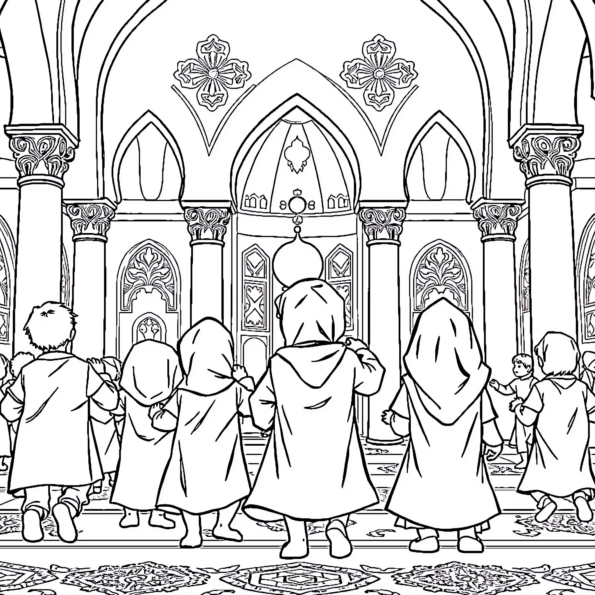 Children in traditional religious gathering Coloring Page (free black-and-white line drawing printable PDF for all, from beginners to advanced learners, including children, teens, adults, and seniors)