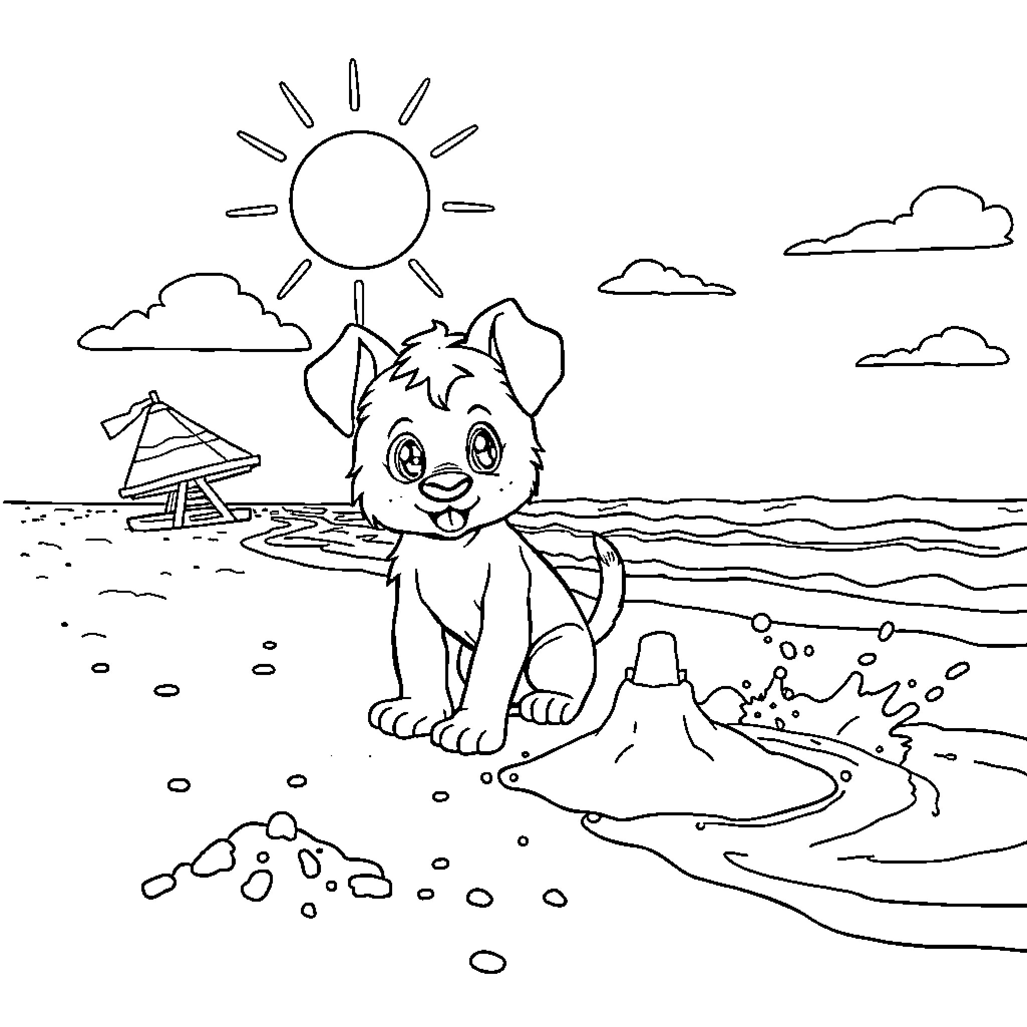 Huntrix's Playful Beach Adventure Coloring Page (free black-and-white line drawing printable PDF for all, from beginners to advanced learners, including children, teens, adults, and seniors)