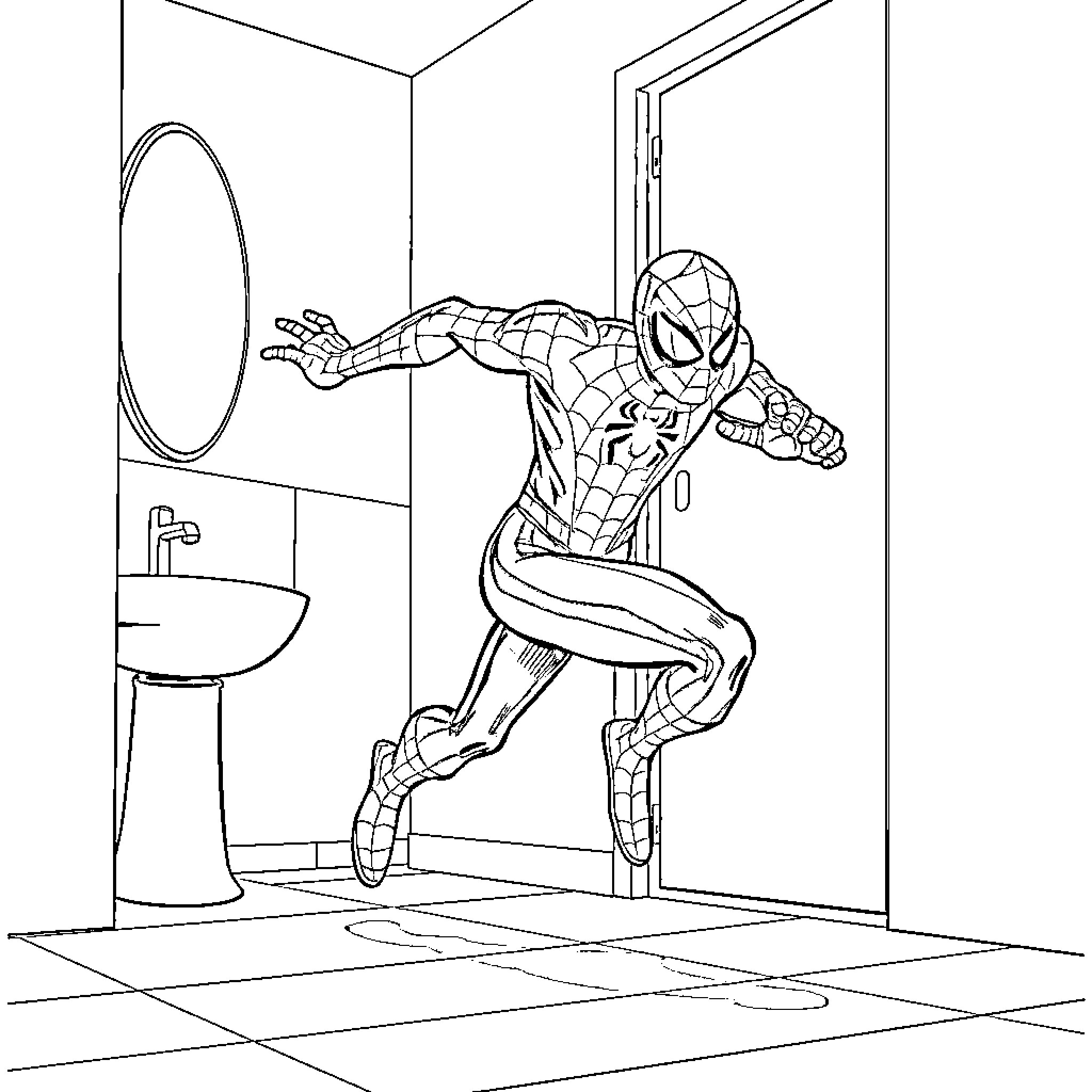Spiderman swinging through the bathroom Coloring Page (free black-and-white line drawing printable PDF for all, from beginners to advanced learners, including children, teens, adults, and seniors)