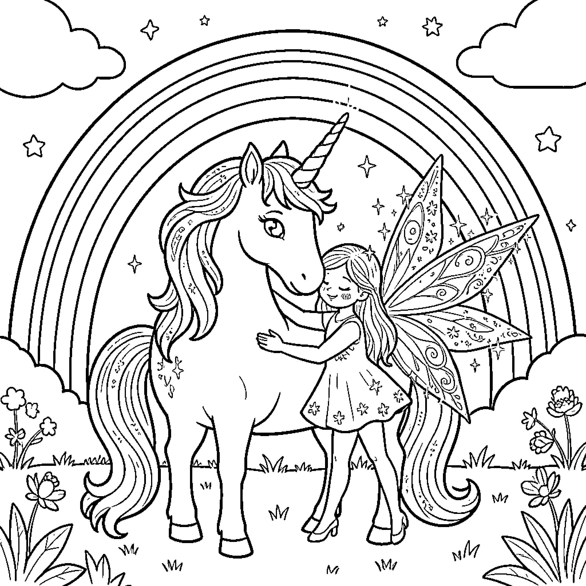 Unicorn and Fairy's Enchanting Adventure Coloring Page (free black-and-white line drawing printable PDF for all, from beginners to advanced learners, including children, teens, adults, and seniors)