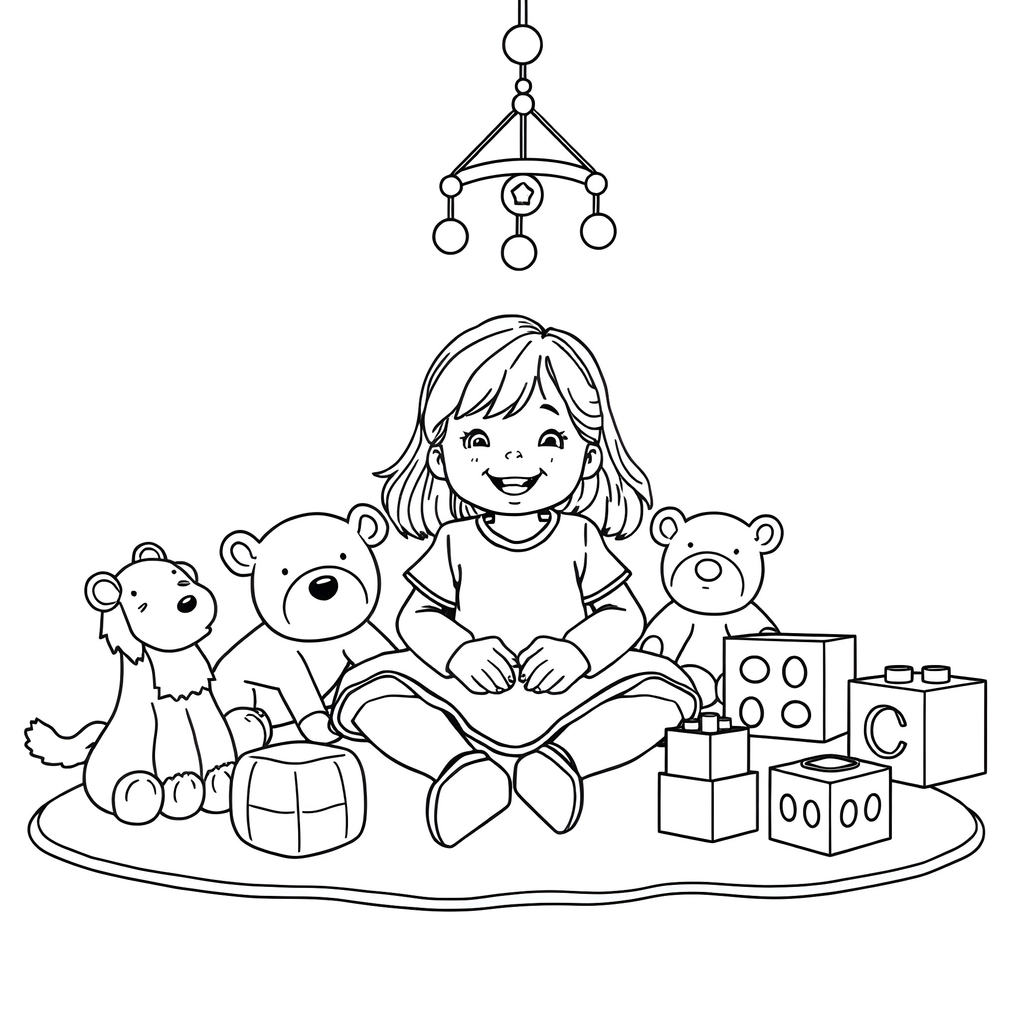 Girl playing with toys in the room Coloring Page (free black-and-white line drawing printable PDF for all, from beginners to advanced learners, including children, teens, adults, and seniors)
