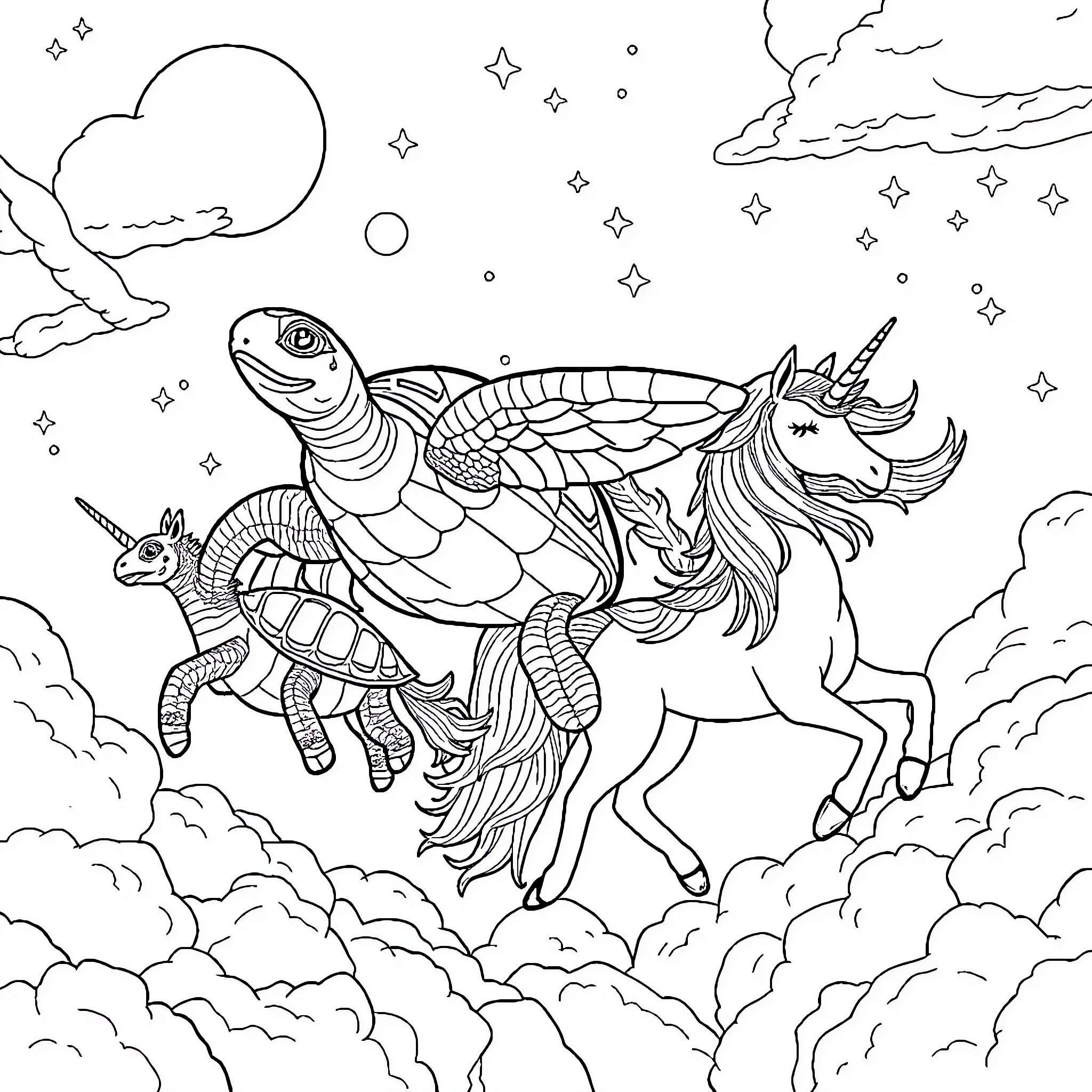 Turtle riding a magical unicorn among the clouds Coloring Page (free black-and-white line drawing printable PDF for all, from beginners to advanced learners, including children, teens, adults, and seniors)