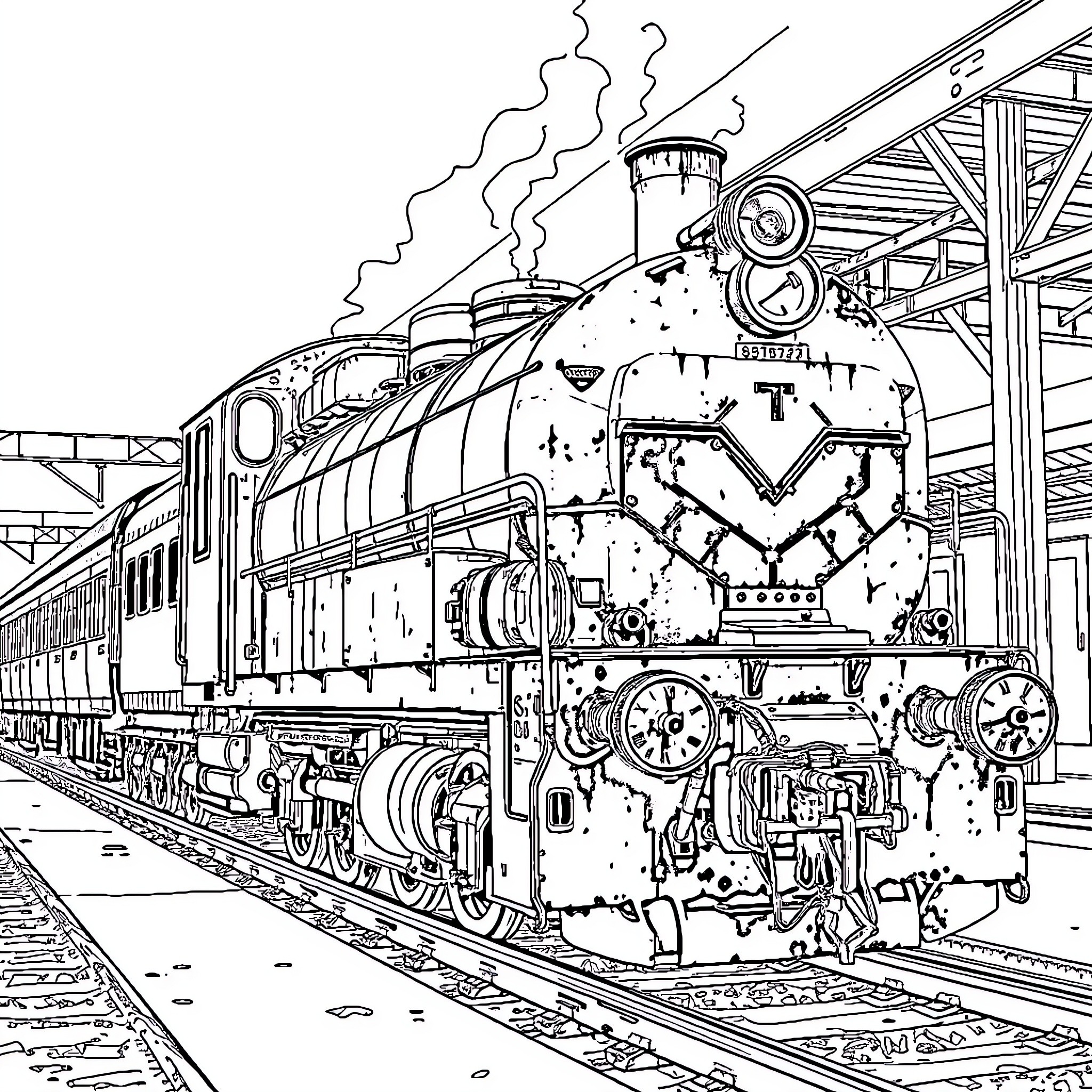 Train Transporting Goods in Station Coloring Page (free black-and-white line drawing printable PDF for all, from beginners to advanced learners, including children, teens, adults, and seniors)