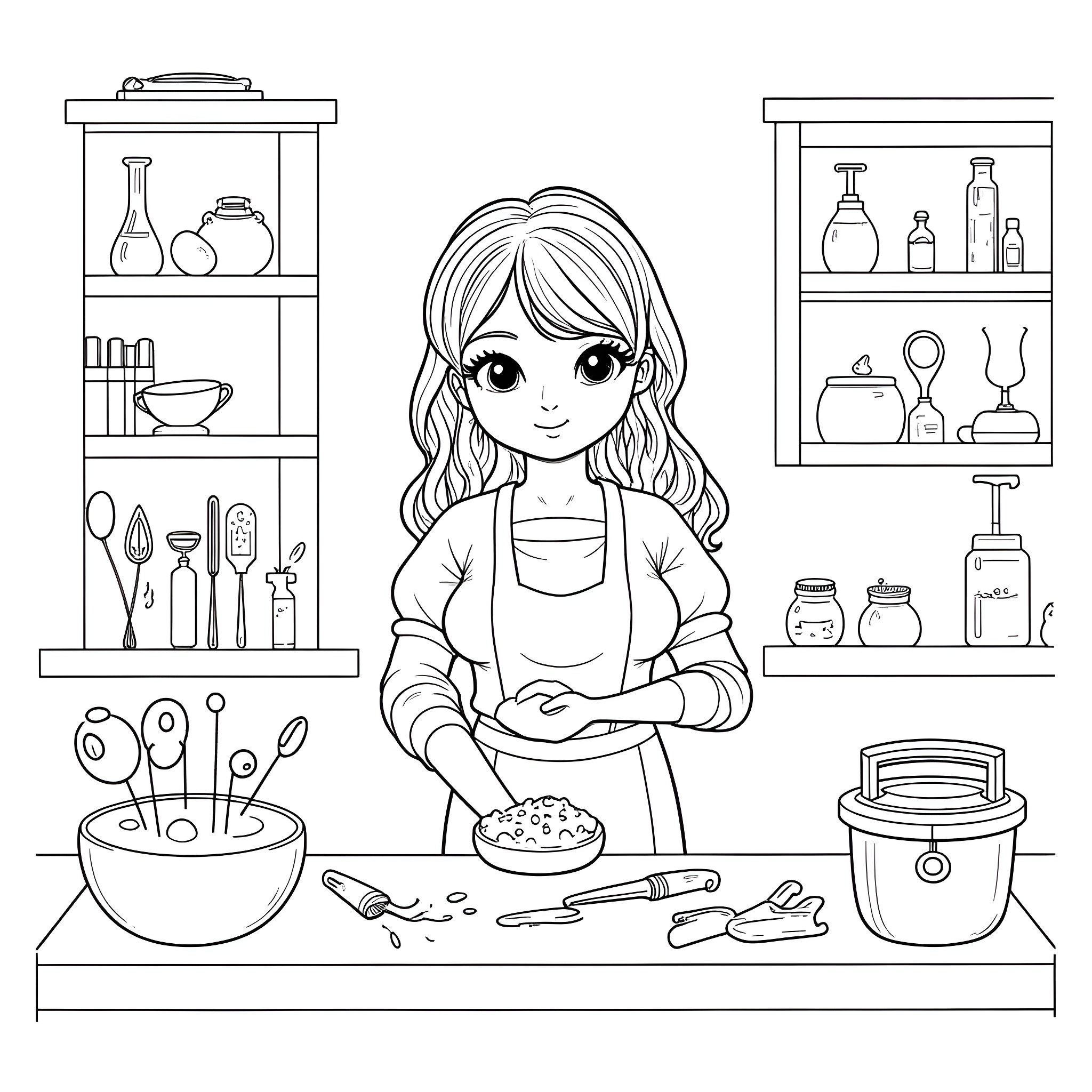 Lady cooking and baking in the kitchen Coloring Page (free black-and-white line drawing printable PDF for all, from beginners to advanced learners, including children, teens, adults, and seniors)