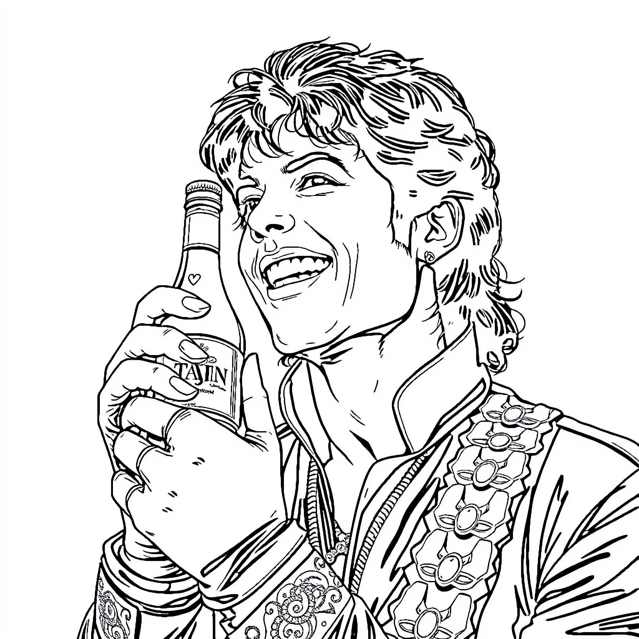 Micheal Jackson enjoying a drink in stylish outfit Coloring Page (free black-and-white line drawing printable PDF for all, from beginners to advanced learners, including children, teens, adults, and seniors)