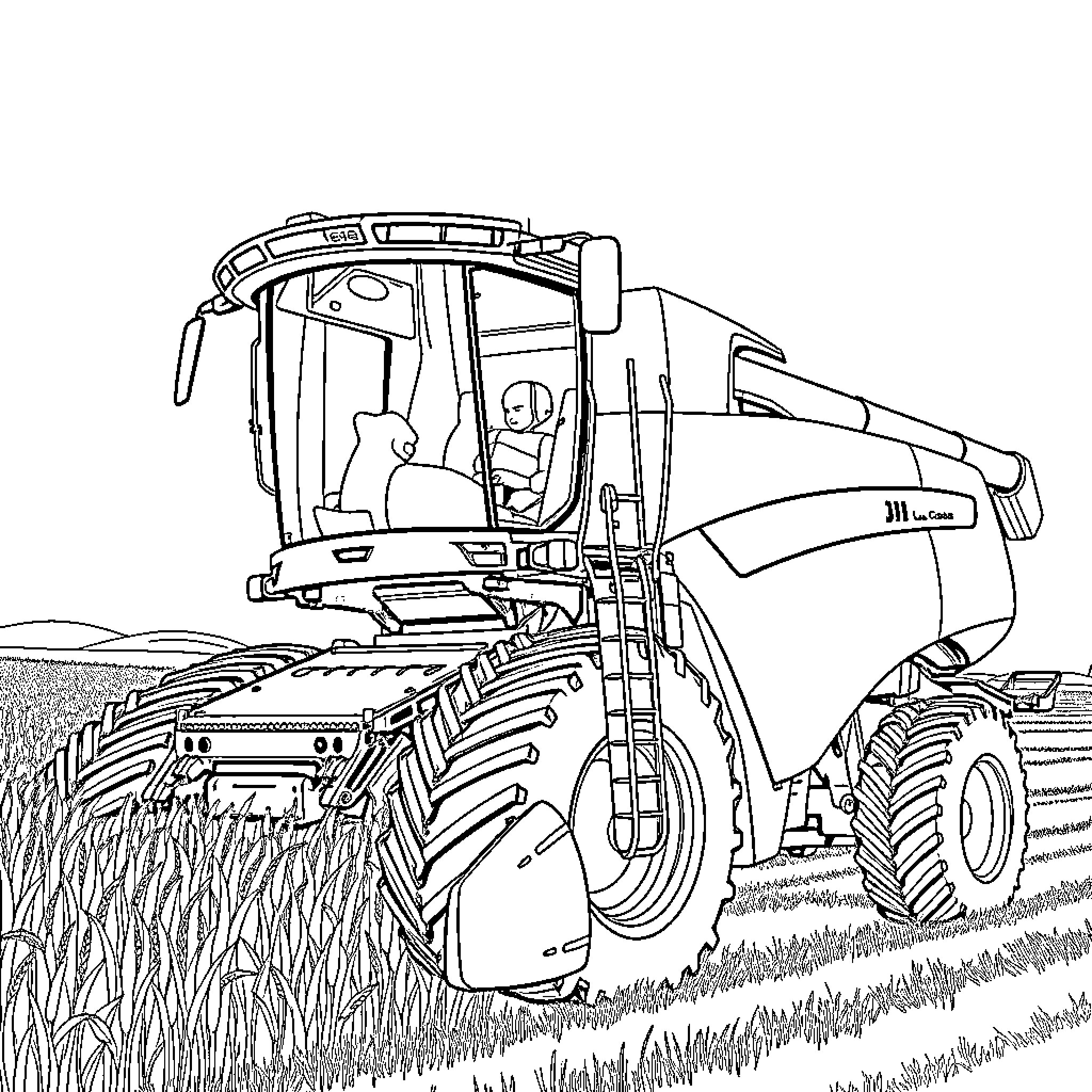 Moissonneuse Batteuse harvesting crop in rural field Coloring Page (free black-and-white line drawing printable PDF for all, from beginners to advanced learners, including children, teens, adults, and seniors)