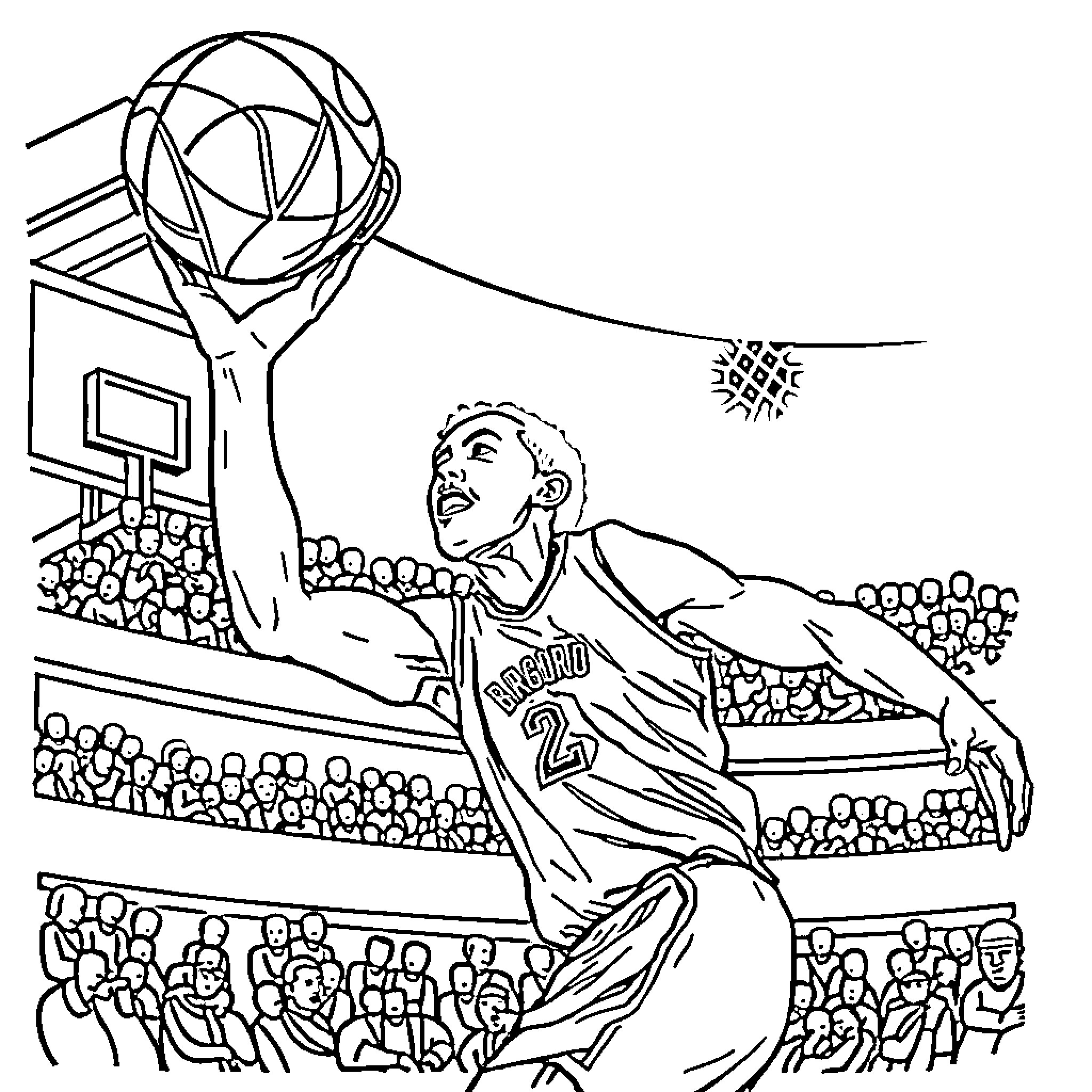 Basketballer celebrating championship victory on court Coloring Page (free black-and-white line drawing printable PDF for all, from beginners to advanced learners, including children, teens, adults, and seniors)