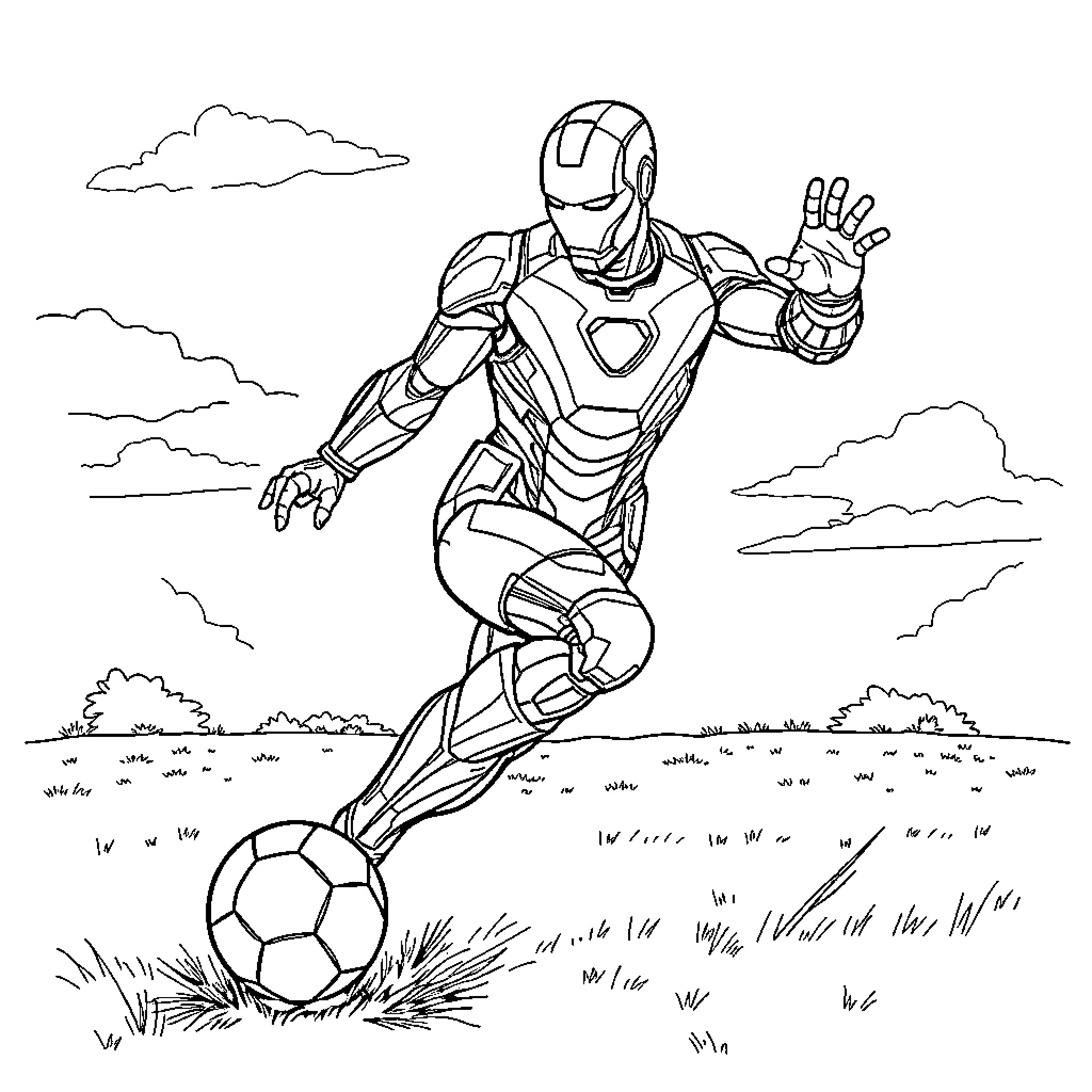 Ironman playing football in the field Coloring Page (free black-and-white line drawing printable PDF for all, from beginners to advanced learners, including children, teens, adults, and seniors)