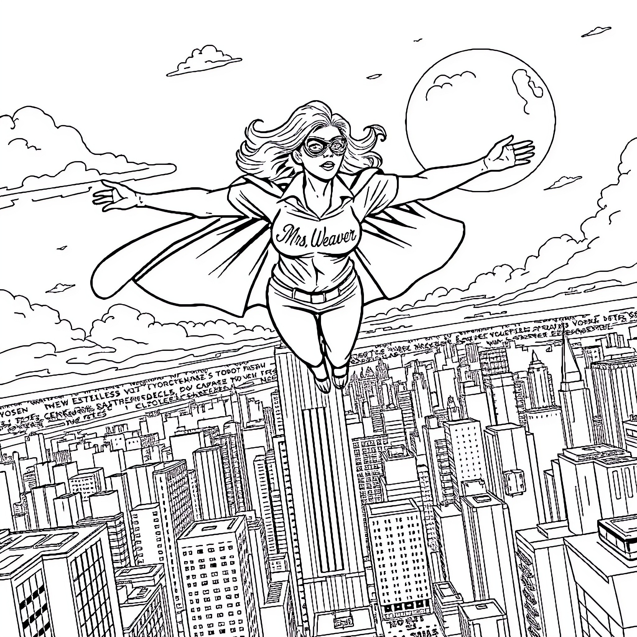 Superhero Soaring Over Cityscape with Determination Coloring Page (free black-and-white line drawing printable PDF for all, from beginners to advanced learners, including children, teens, adults, and seniors)