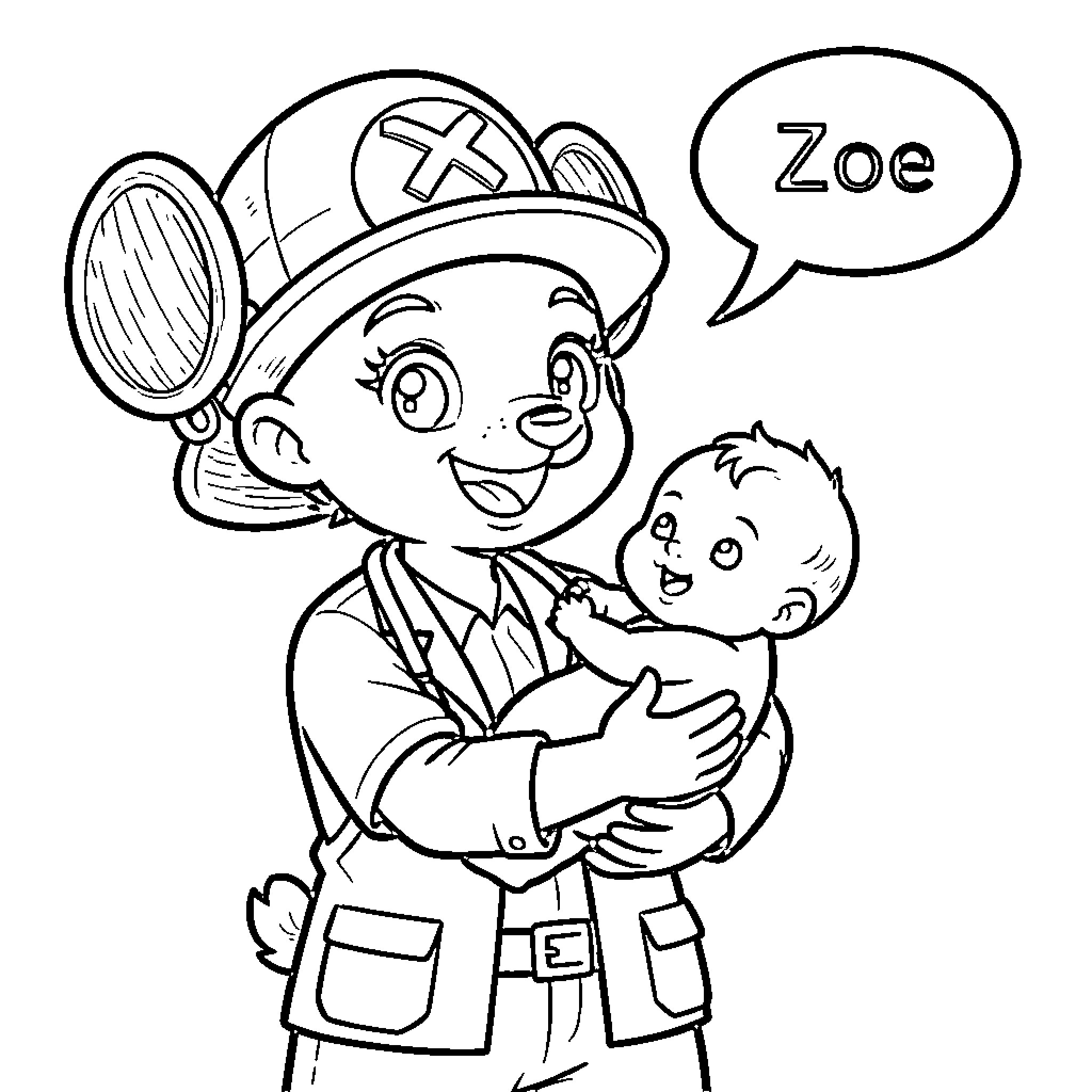 Chopper assisting young child in hospital Coloring Page (free black-and-white line drawing printable PDF for all, from beginners to advanced learners, including children, teens, adults, and seniors)