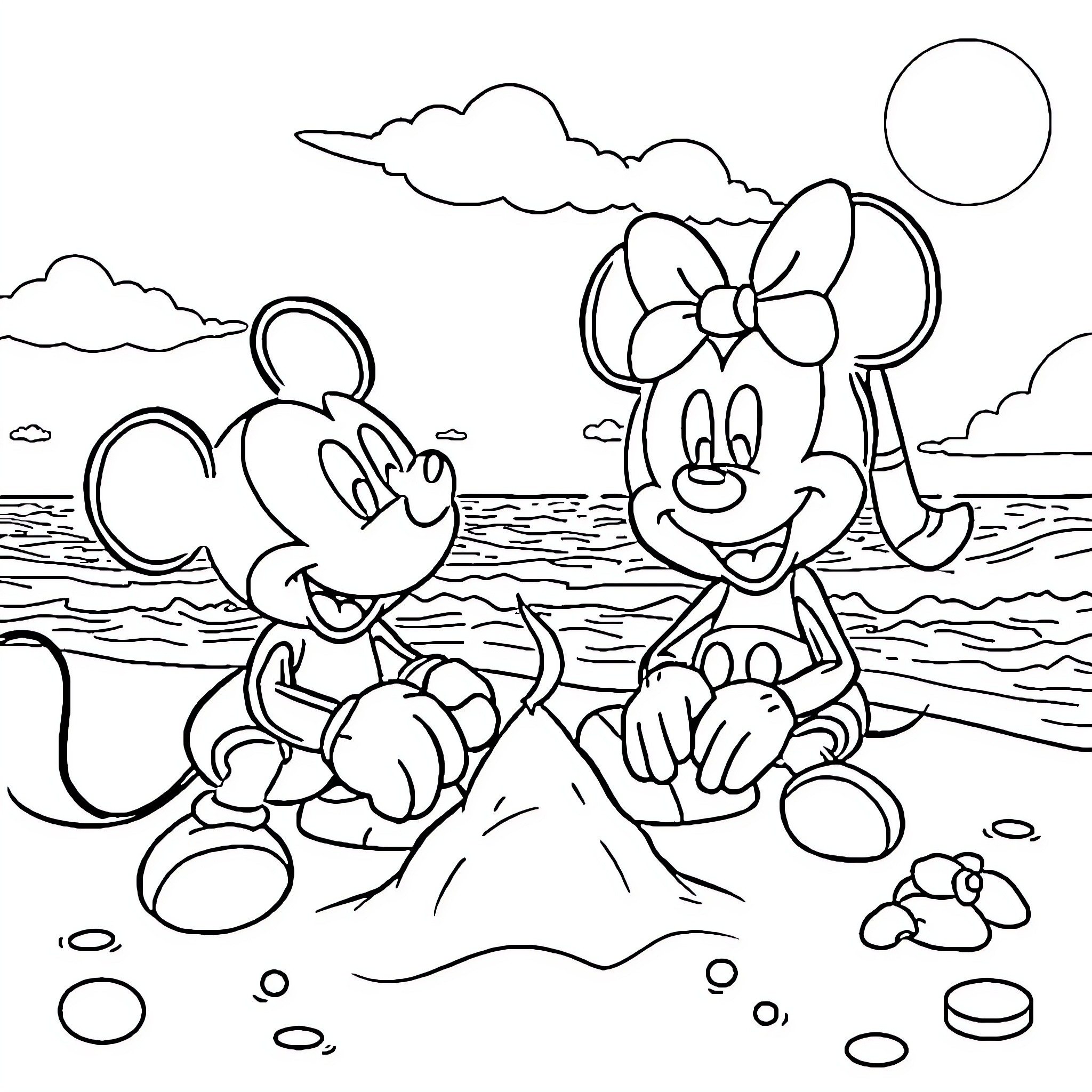 Mickey Mouse and Minnie Mouse enjoying a day at the beach Coloring Page (free black-and-white line drawing printable PDF for all, from beginners to advanced learners, including children, teens, adults, and seniors)
