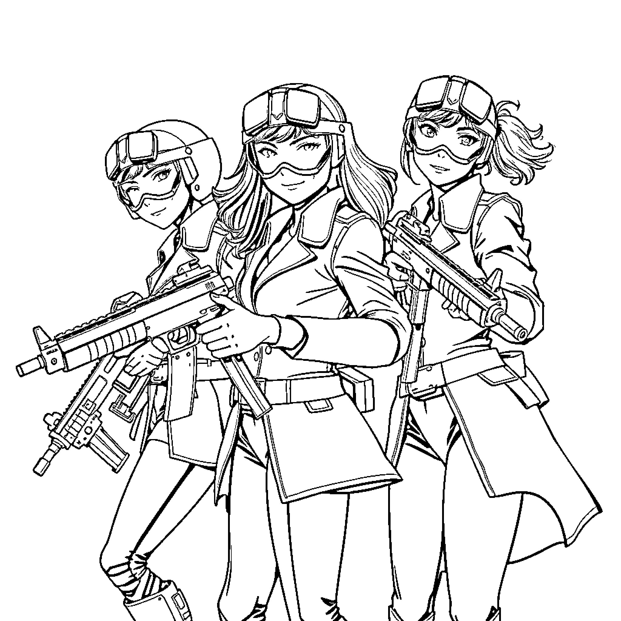 K-Pop Warriors in Combat Gear Coloring Page (free black-and-white line drawing printable PDF for all, from beginners to advanced learners, including children, teens, adults, and seniors)