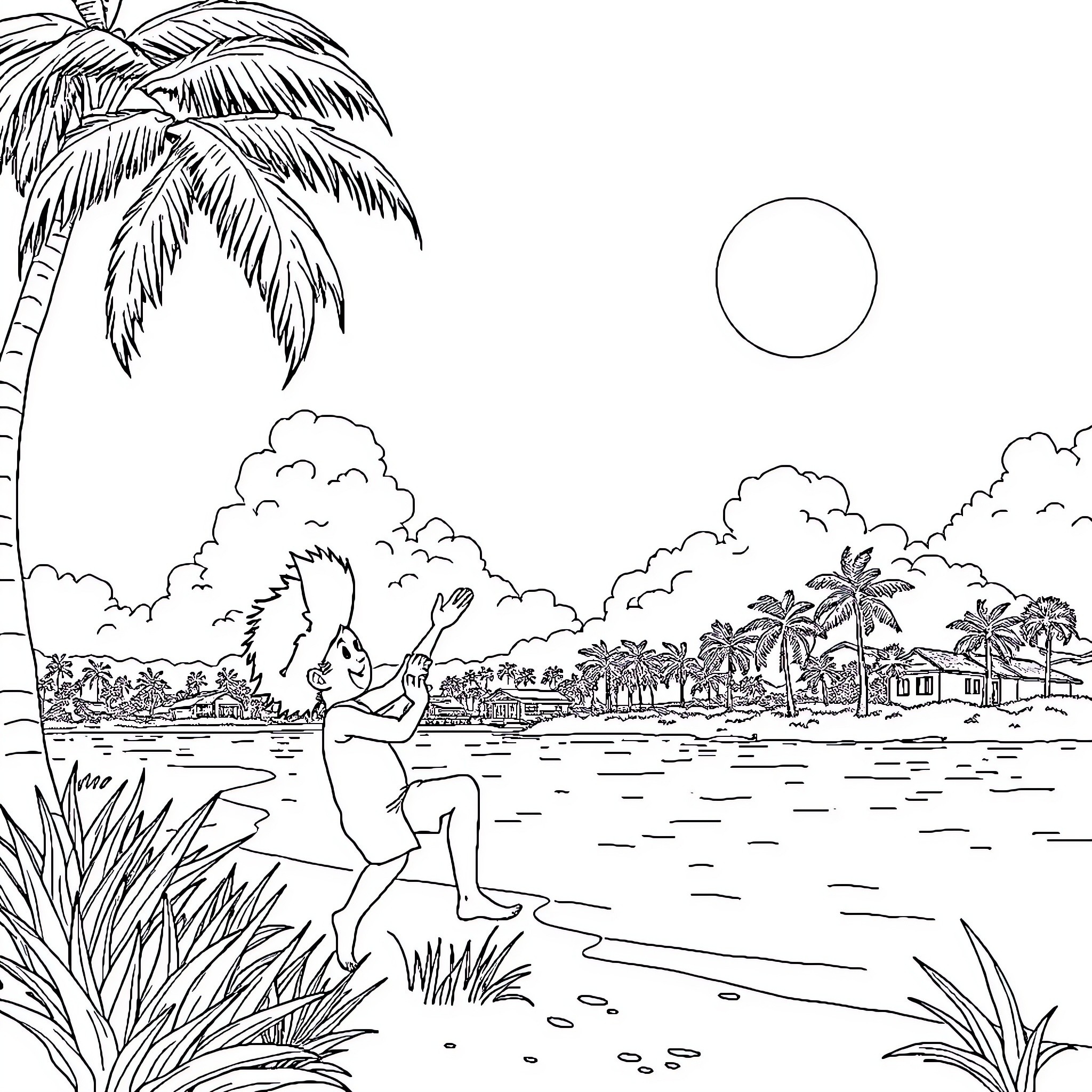 Bluey playing happily by the beach Coloring Page (free black-and-white line drawing printable PDF for all, from beginners to advanced learners, including children, teens, adults, and seniors)
