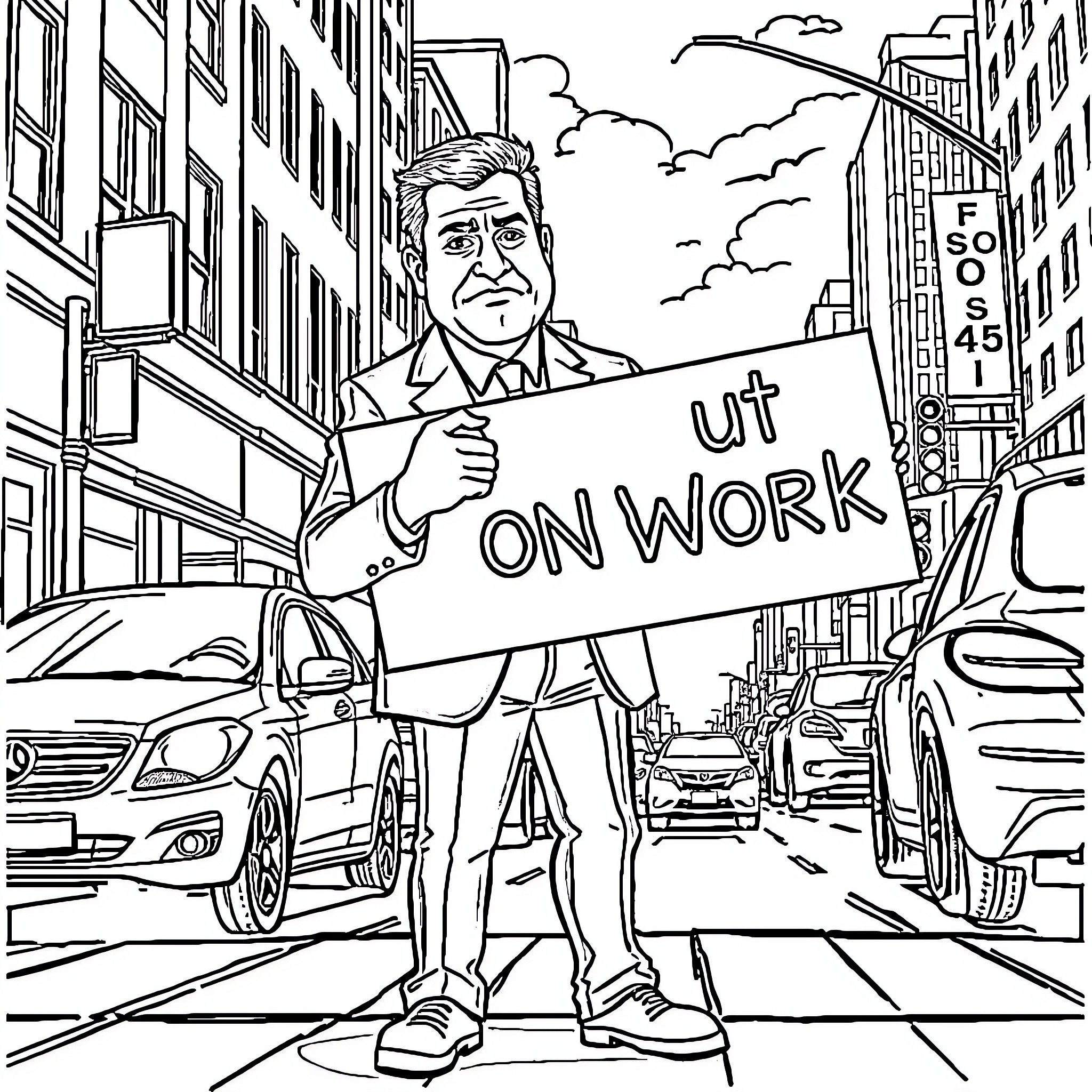 Jimmy Kimmel Holding 'On Work' Sign on City Street Coloring Page (free black-and-white line drawing printable PDF for all, from beginners to advanced learners, including children, teens, adults, and seniors)